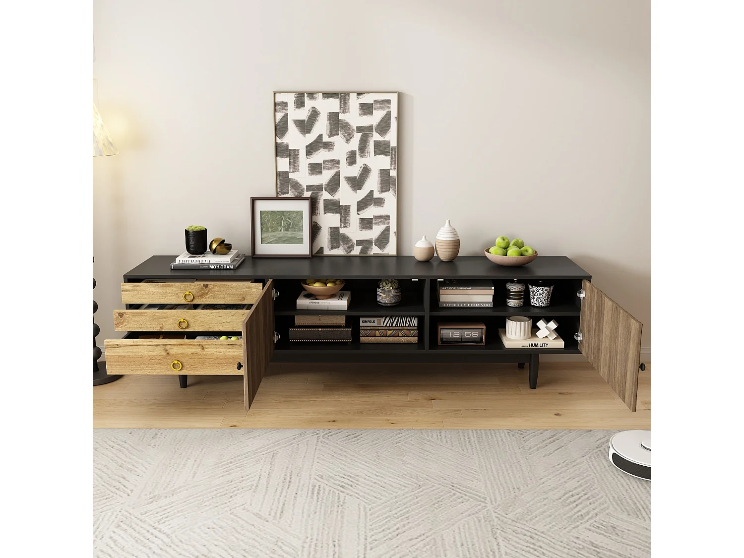 Mueble de TV con 2 puertas y 3 cajones, diseño ondulado, negro y natural