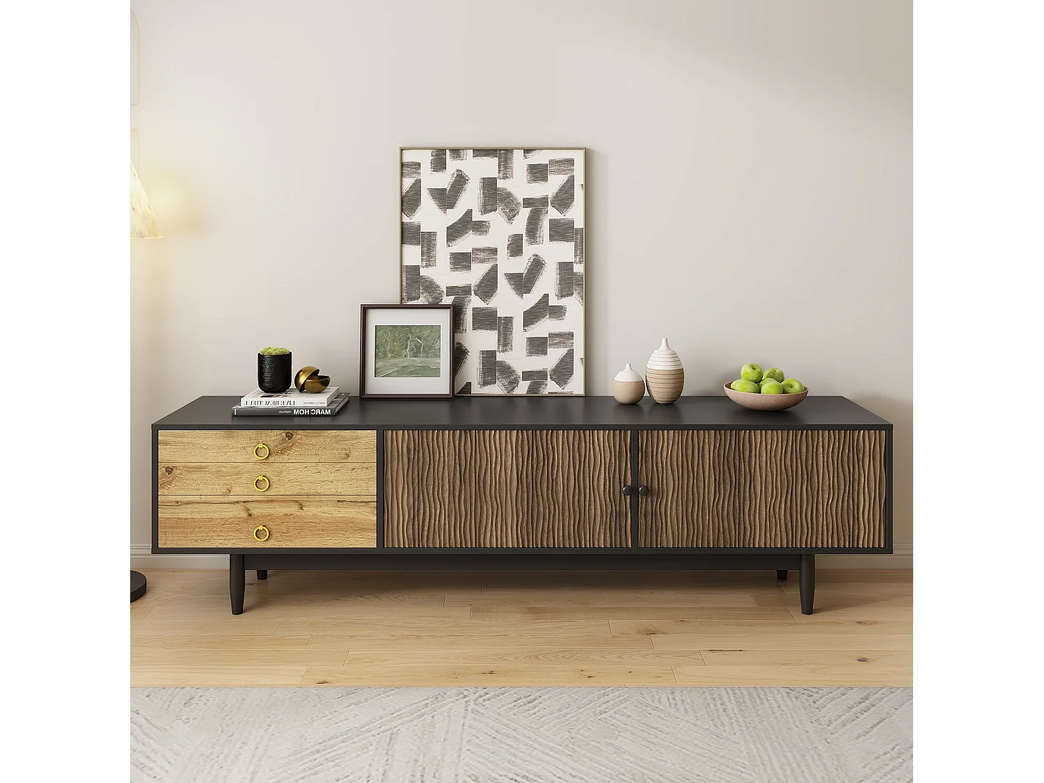 Mueble de TV con 2 puertas y 3 cajones, diseño ondulado, negro y natural
