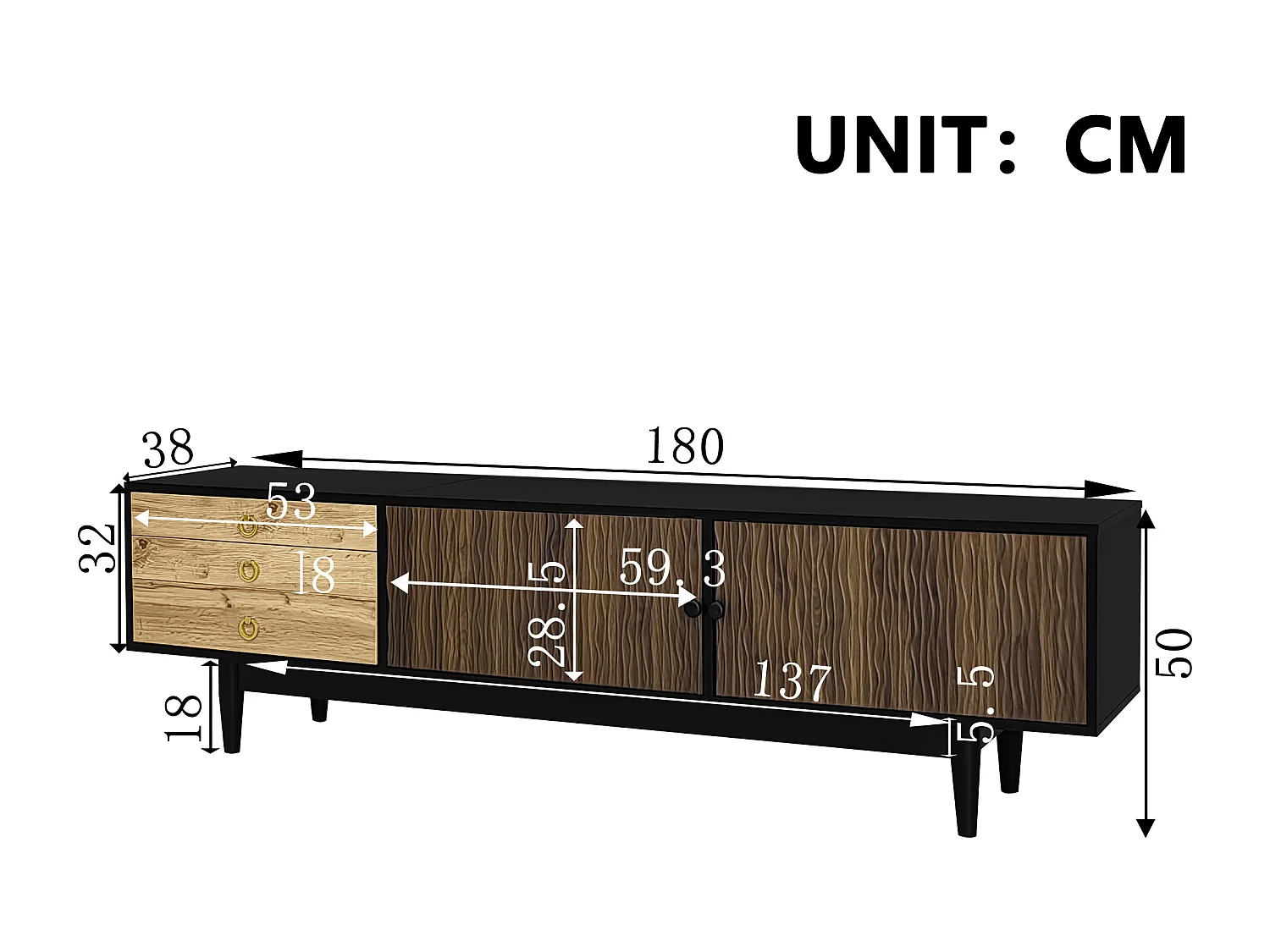 Mueble de TV con 2 puertas y 3 cajones, diseño ondulado, negro y natural