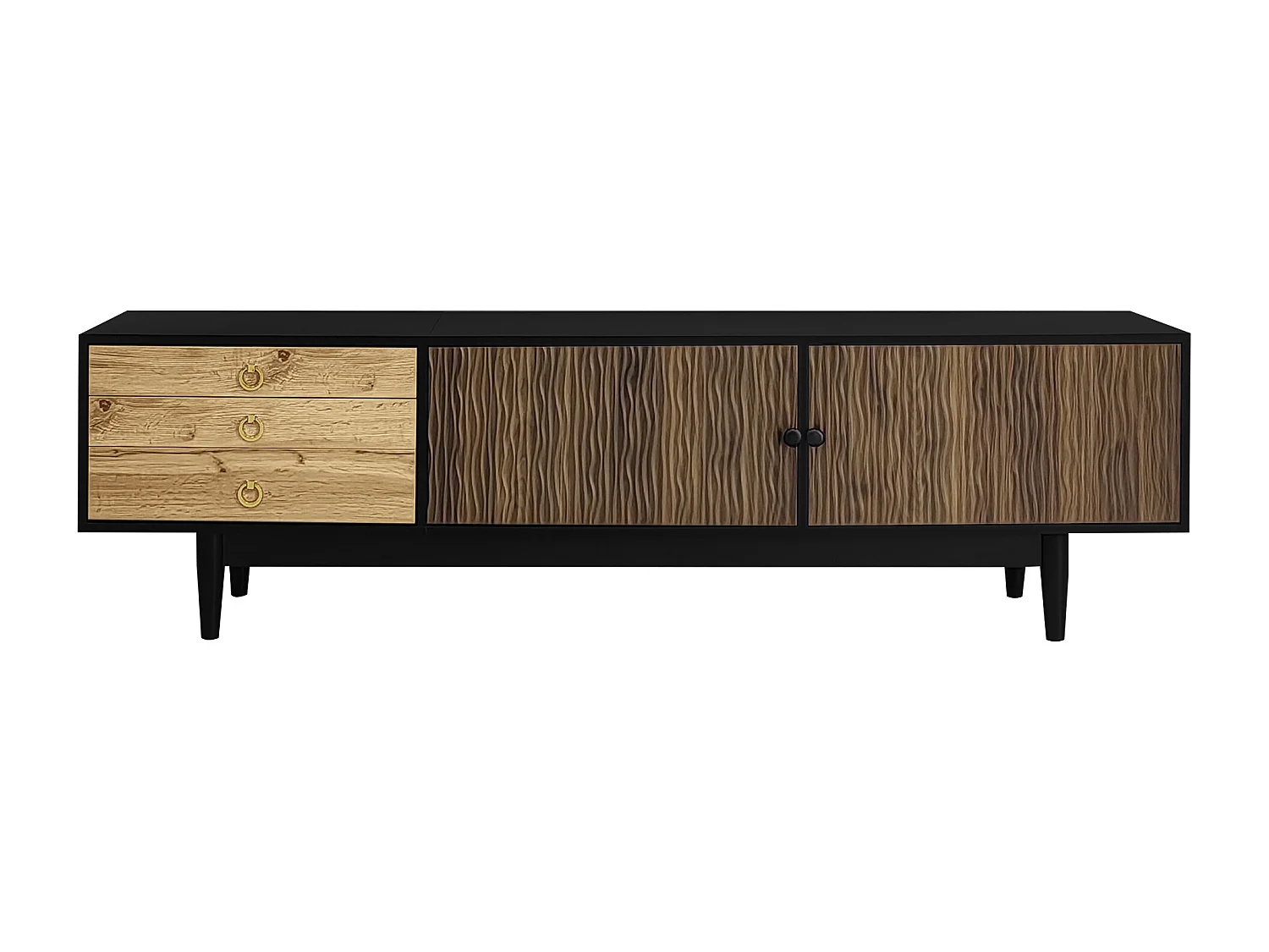 Meuble TV avec 2 portes et 3 tiroirs, motif ondulé , noir et naturel