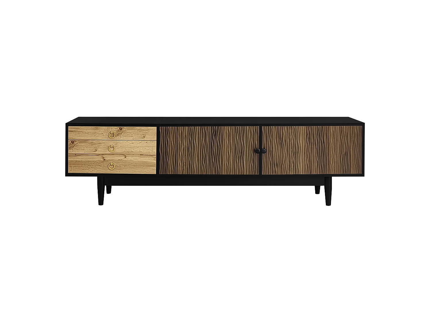 TV-meubel met 2 deuren en 3 lades, golvend patroon, zwart en naturel