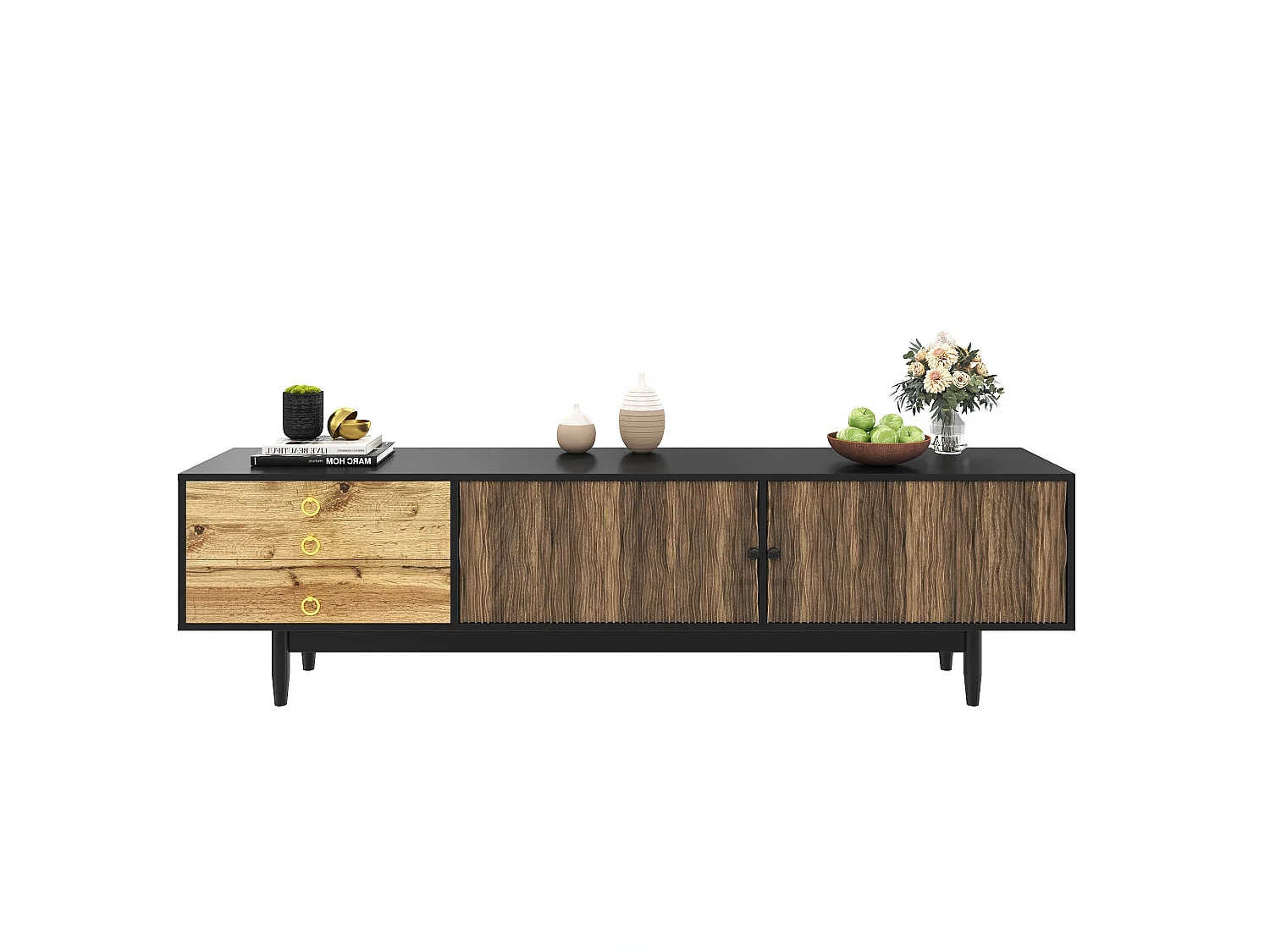 TV-meubel met 2 deuren en 3 lades, golvend patroon, zwart en naturel