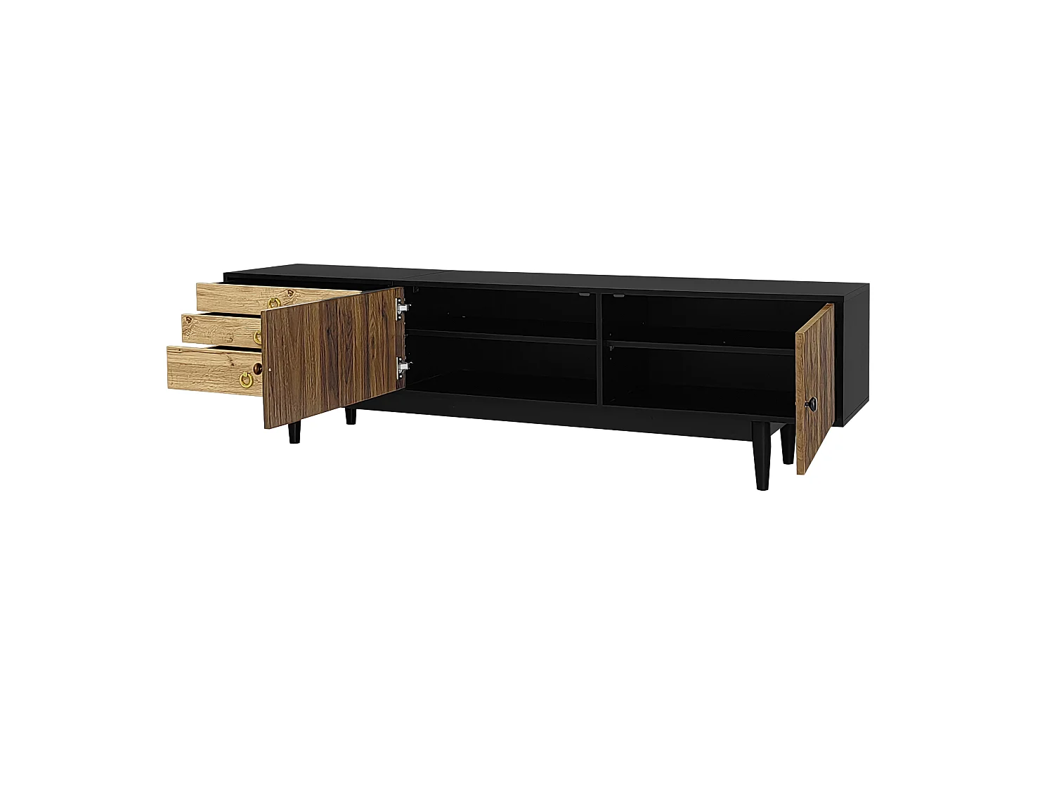 TV-meubel met 2 deuren en 3 lades, golvend patroon, zwart en naturel
