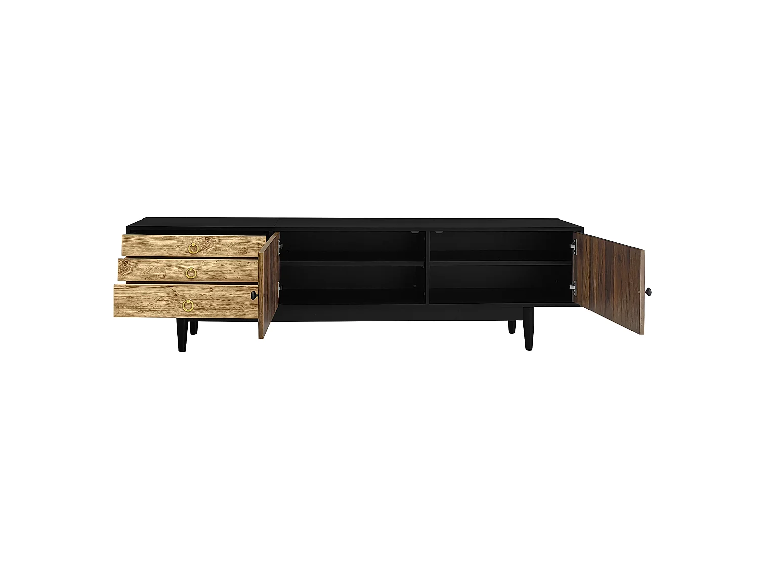 TV-meubel met 2 deuren en 3 lades, golvend patroon, zwart en naturel
