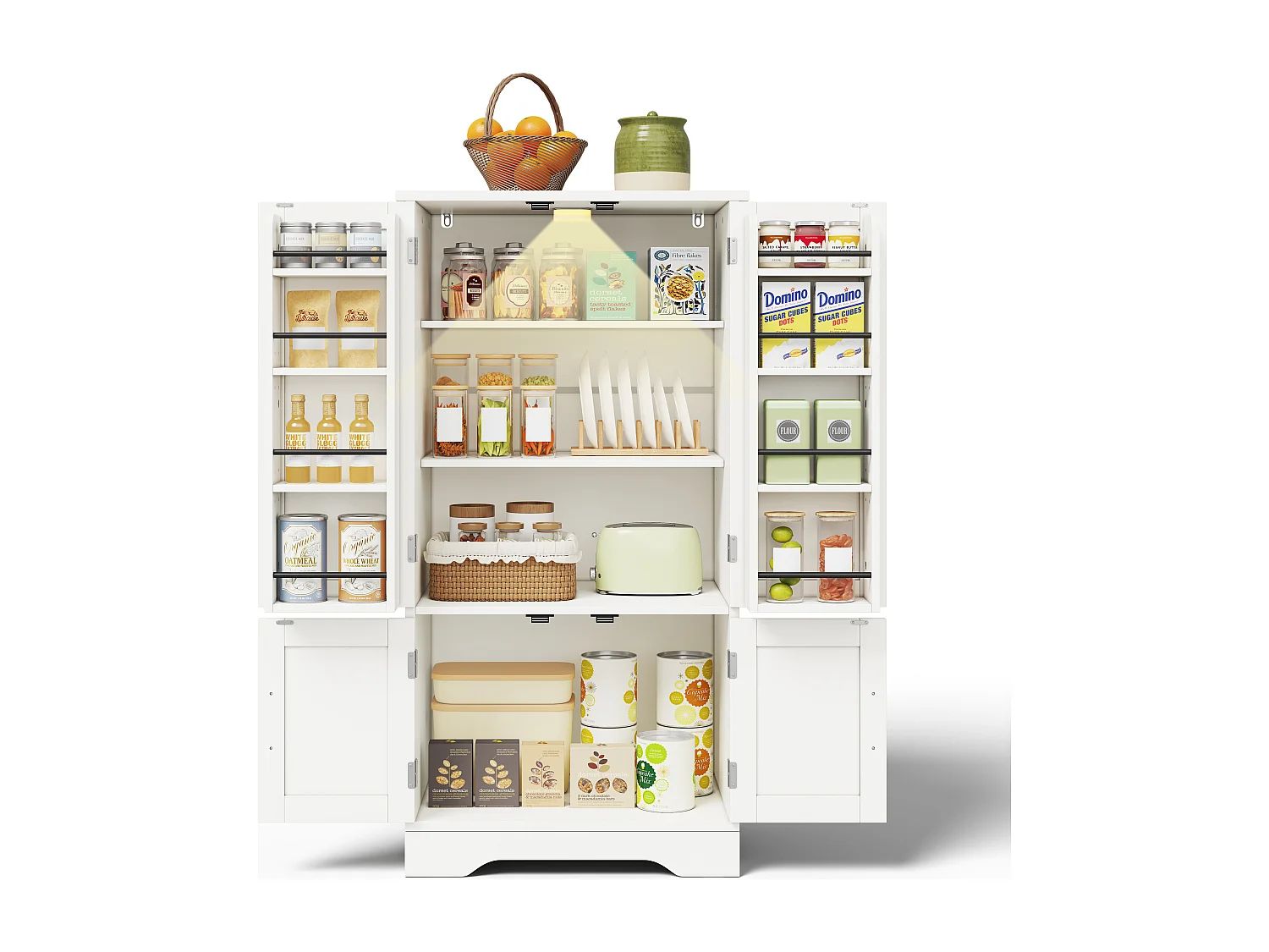 Aparador de cocina con 4 puertas y sensor LED - estantes ajustables - madera MDF - Blanco