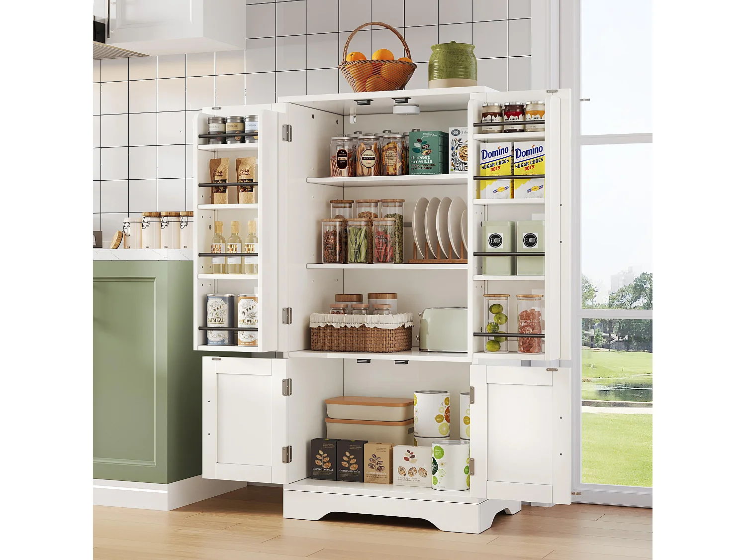 Buffet de cuisine avec 4 portes et détection par LED - étagères réglables -Bois MDF - Blanc