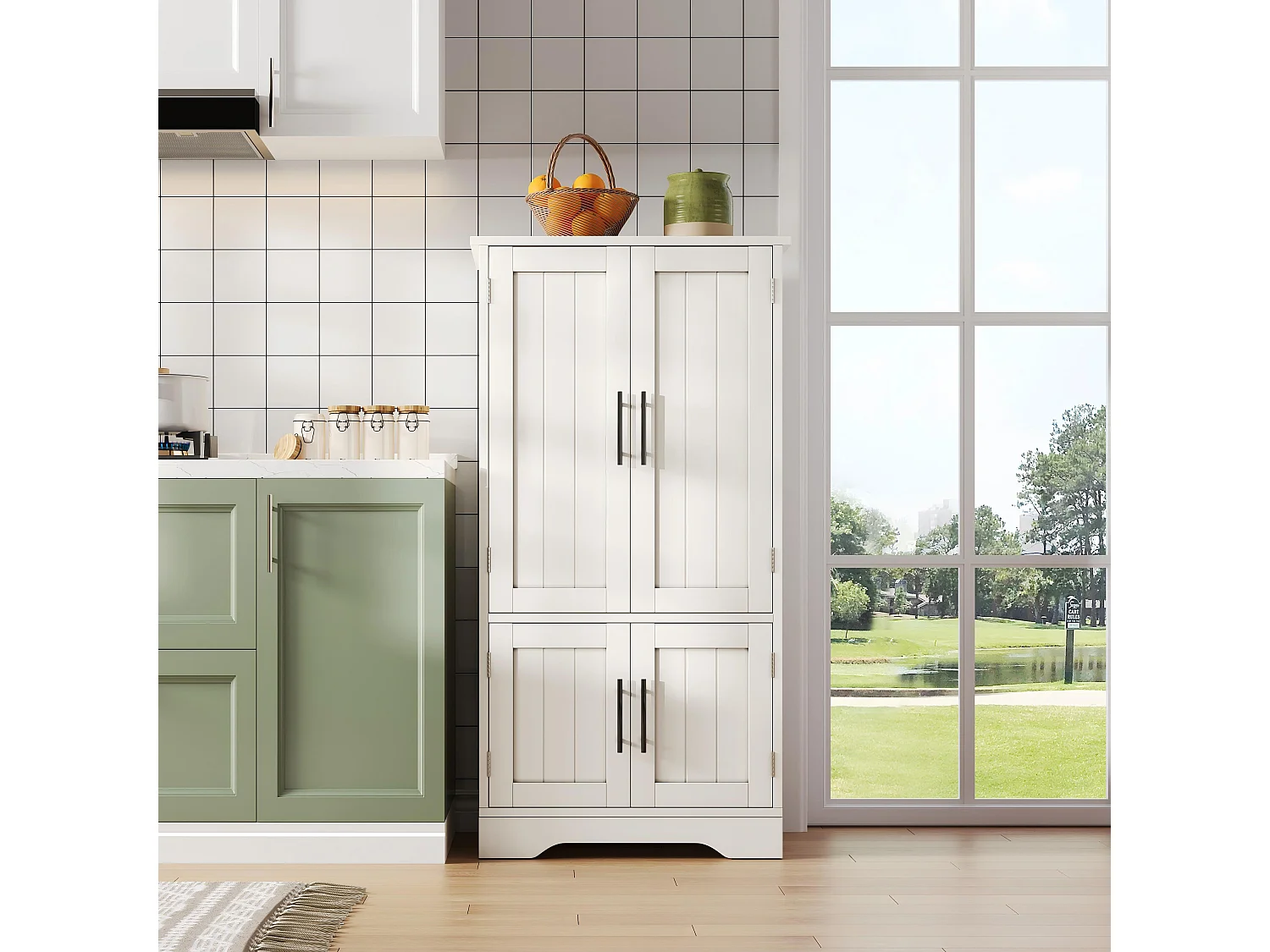 Buffet de cuisine avec 4 portes et détection par LED - étagères réglables -Bois MDF - Blanc