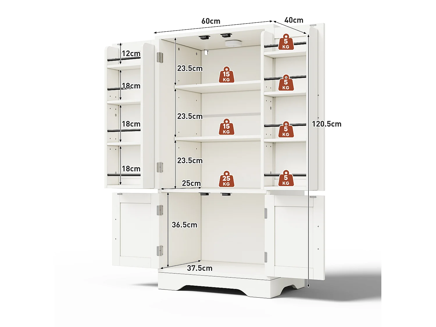 Buffet de cuisine avec 4 portes et détection par LED - étagères réglables -Bois MDF - Blanc