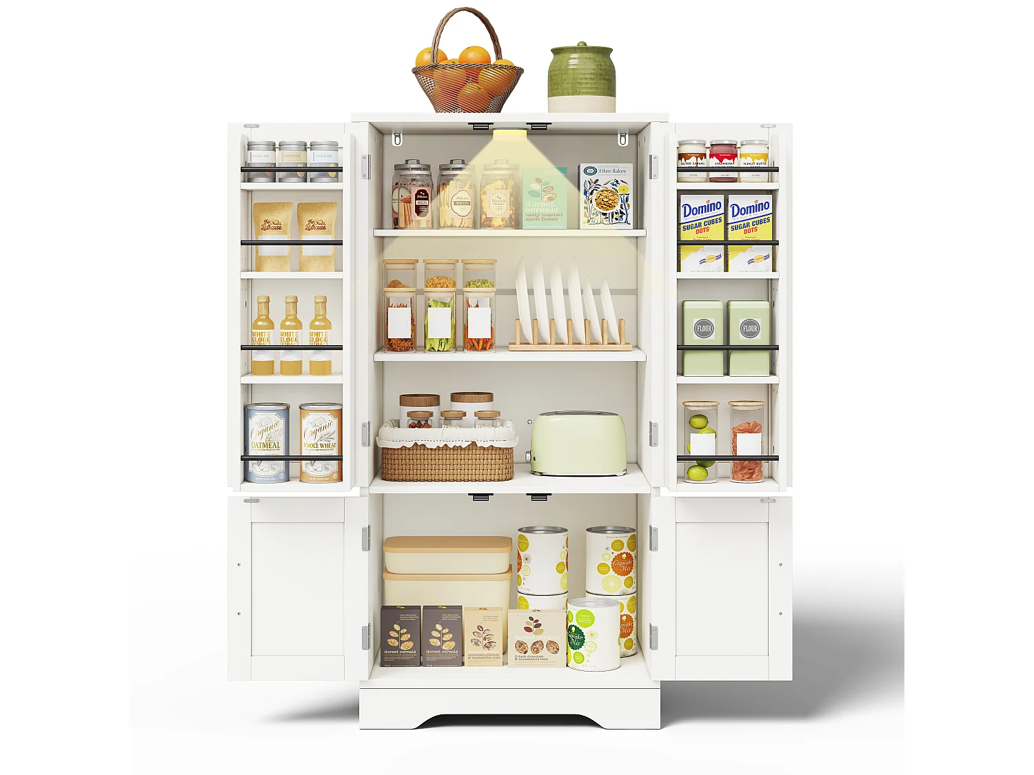 Buffet de cuisine avec 4 portes et détection par LED - étagères réglables -Bois MDF - Blanc