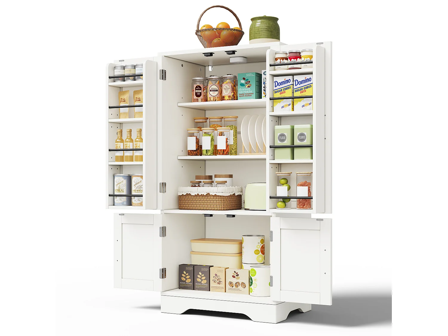 Buffet de cuisine avec 4 portes et détection par LED - étagères réglables -Bois MDF - Blanc