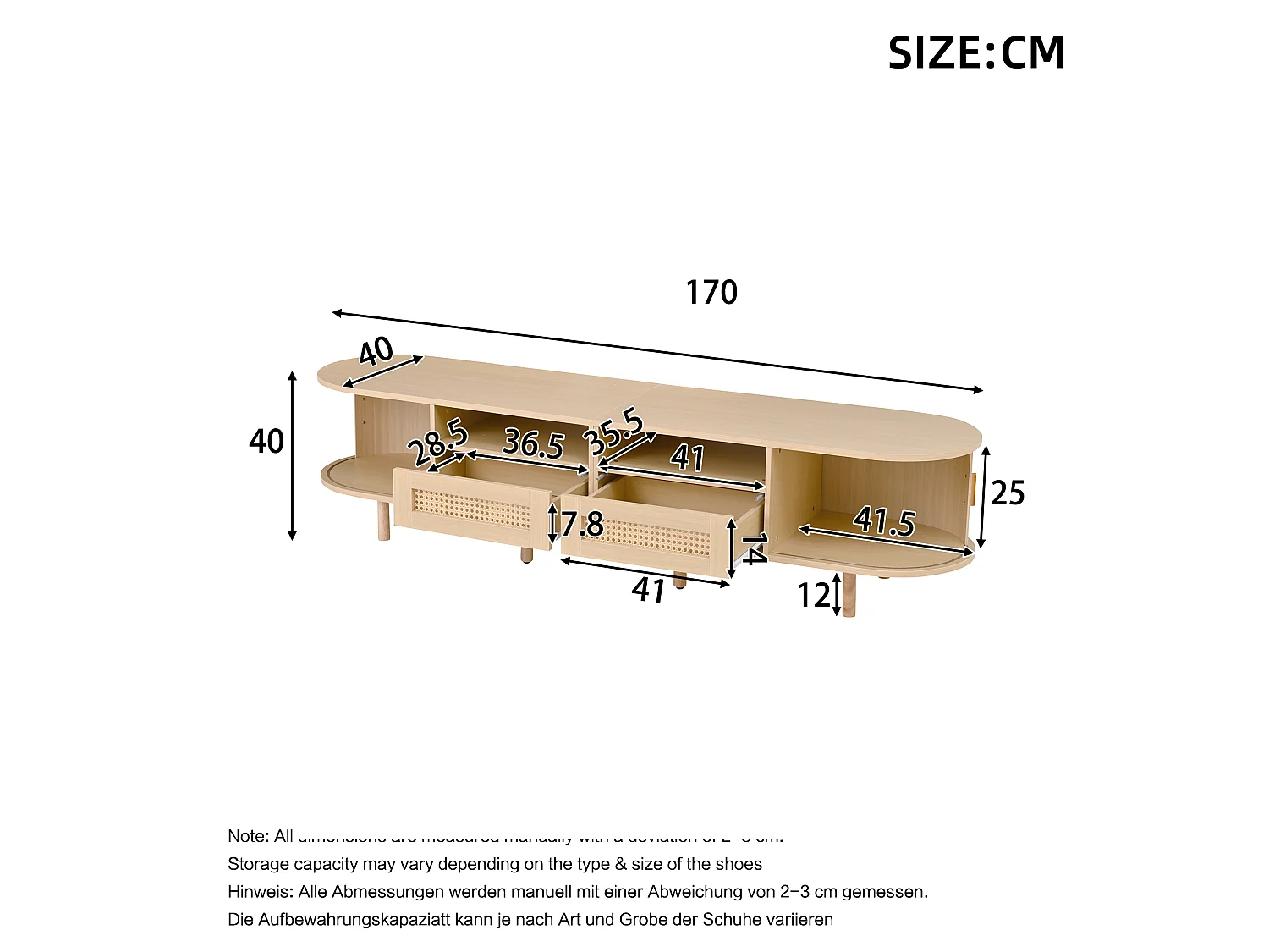 Móvel para TV com 2 gavetas e 2 portas de correr - Oval em madeira - Cor natural