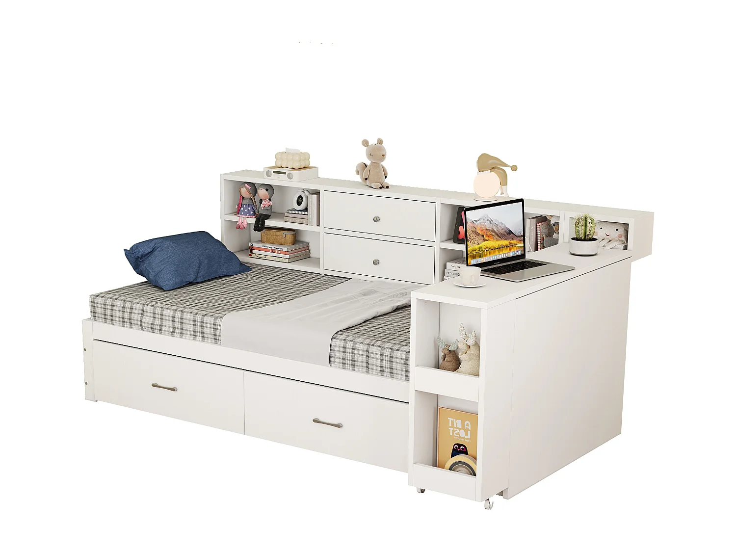 Lit banquette simple 90x200cm avec 4 tiroirs ,prise et bureau - Bois - Blanc