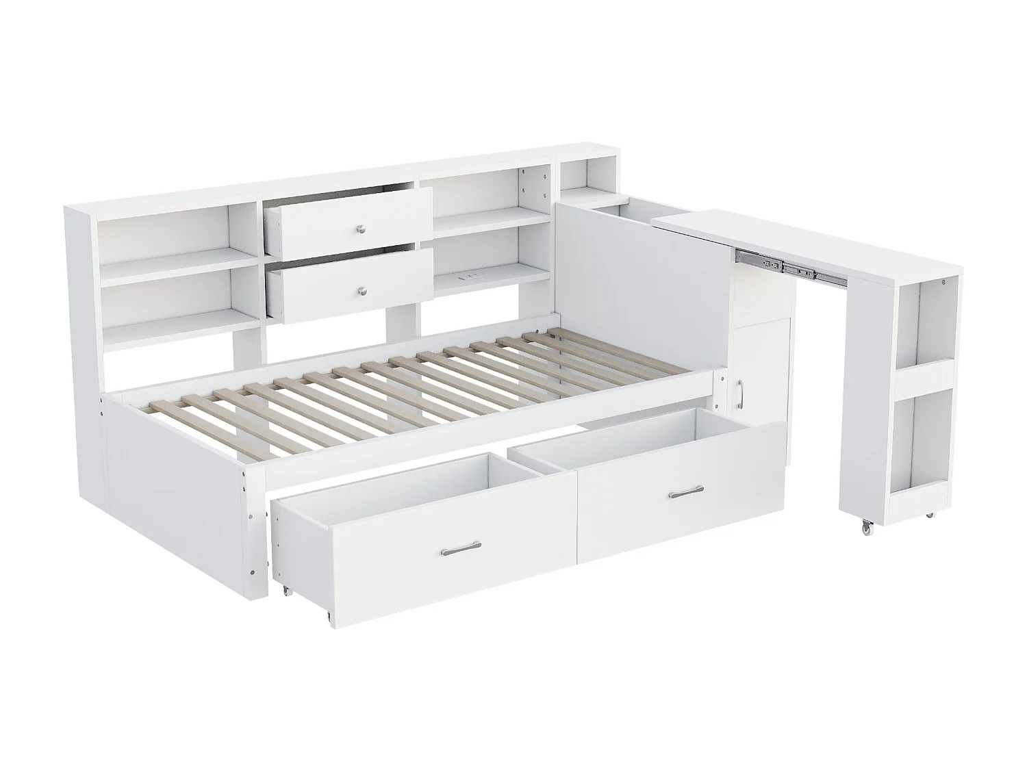 Lit banquette simple 90x200cm avec 4 tiroirs ,prise et bureau - Bois - Blanc