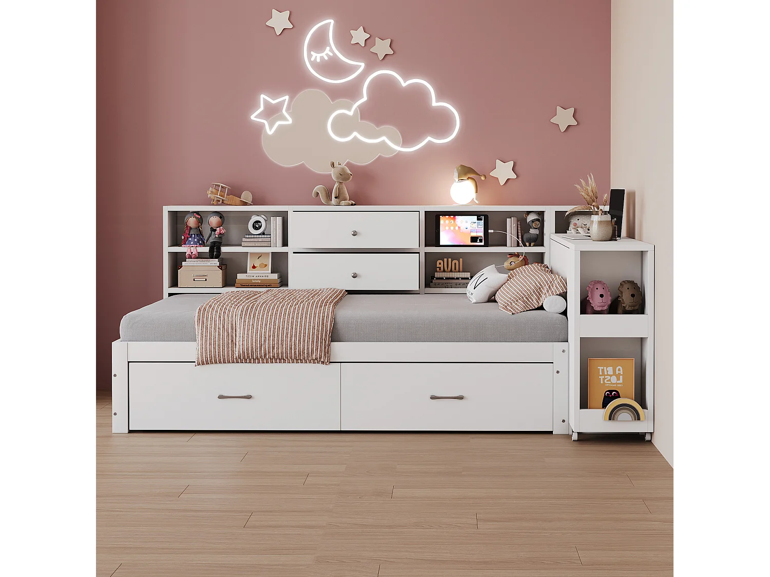 Divano letto singolo 90x200cm con 4 cassetti, presa di corrente e scrivania - Legno - Bianco