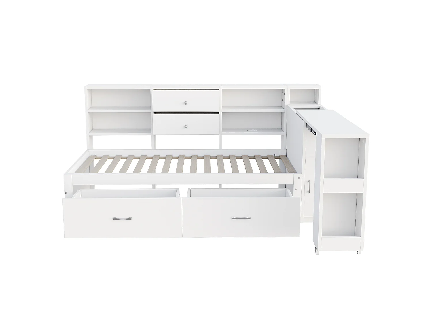 Divano letto singolo 90x200cm con 4 cassetti, presa di corrente e scrivania - Legno - Bianco