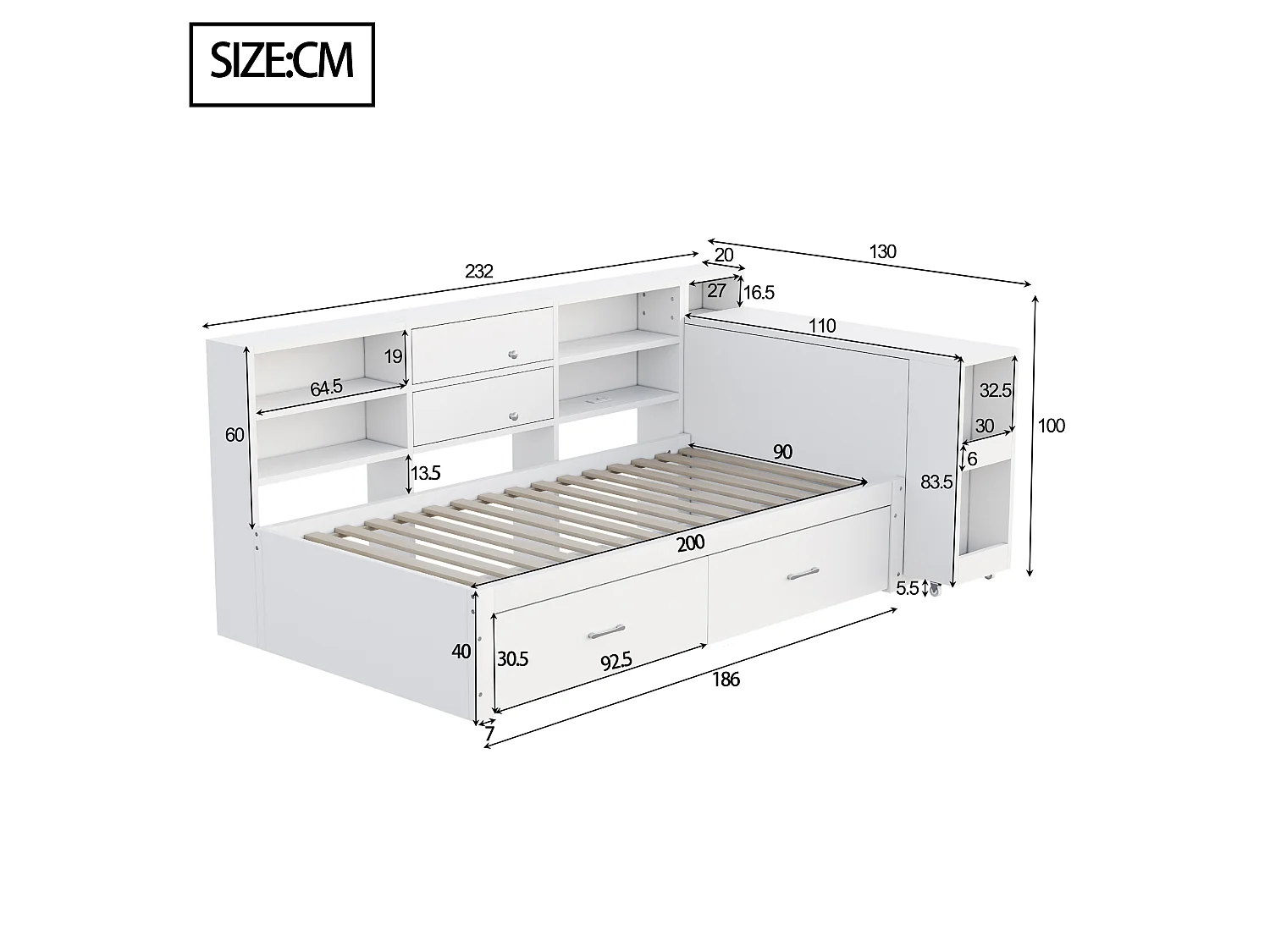 Divano letto singolo 90x200cm con 4 cassetti, presa di corrente e scrivania - Legno - Bianco