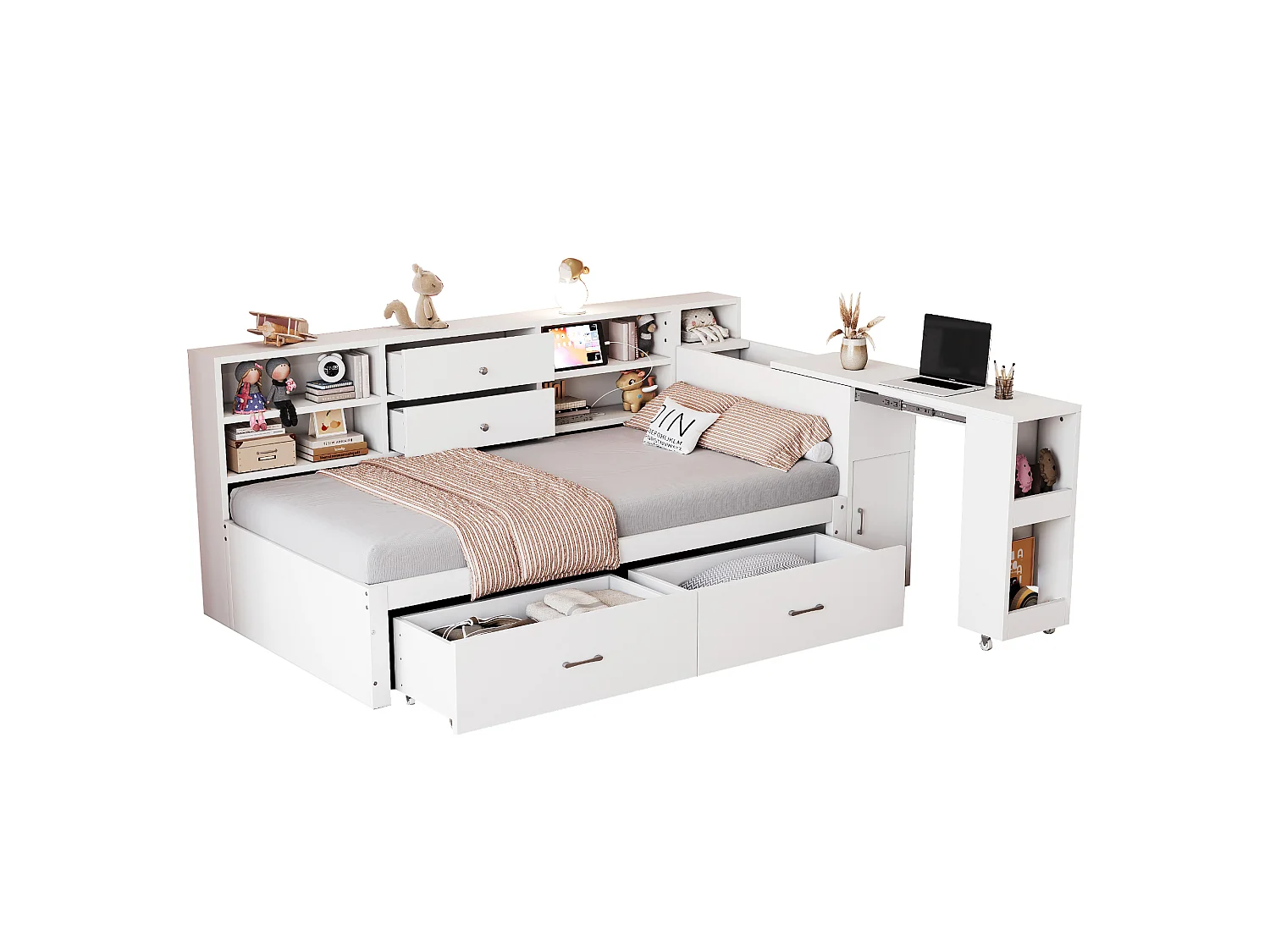Divano letto singolo 90x200cm con 4 cassetti, presa di corrente e scrivania - Legno - Bianco