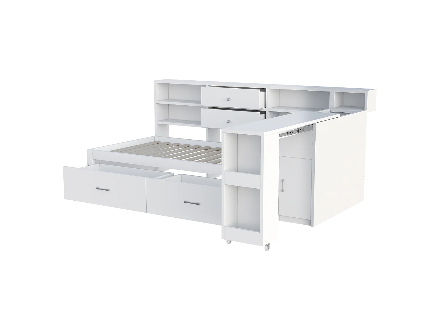 Divano letto singolo 90x200cm con 4 cassetti, presa di corrente e scrivania - Legno - Bianco