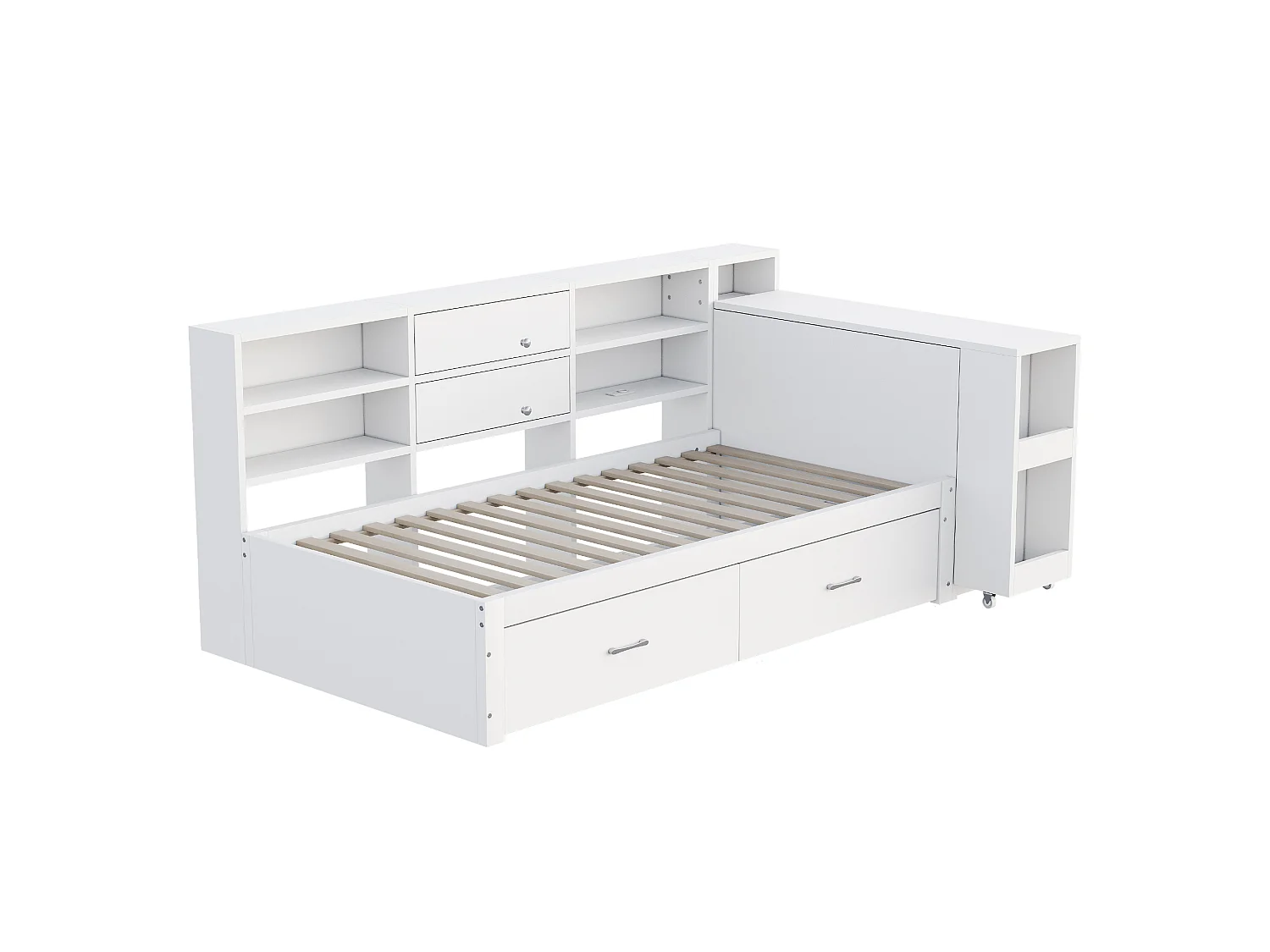 Divano letto singolo 90x200cm con 4 cassetti, presa di corrente e scrivania - Legno - Bianco