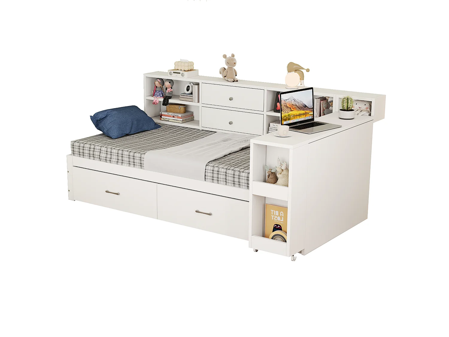 Divano letto singolo 90x200cm con 4 cassetti, presa di corrente e scrivania - Legno - Bianco