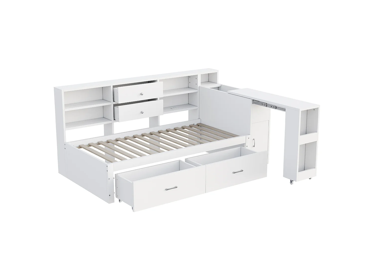 Divano letto singolo 90x200cm con 4 cassetti, presa di corrente e scrivania - Legno - Bianco