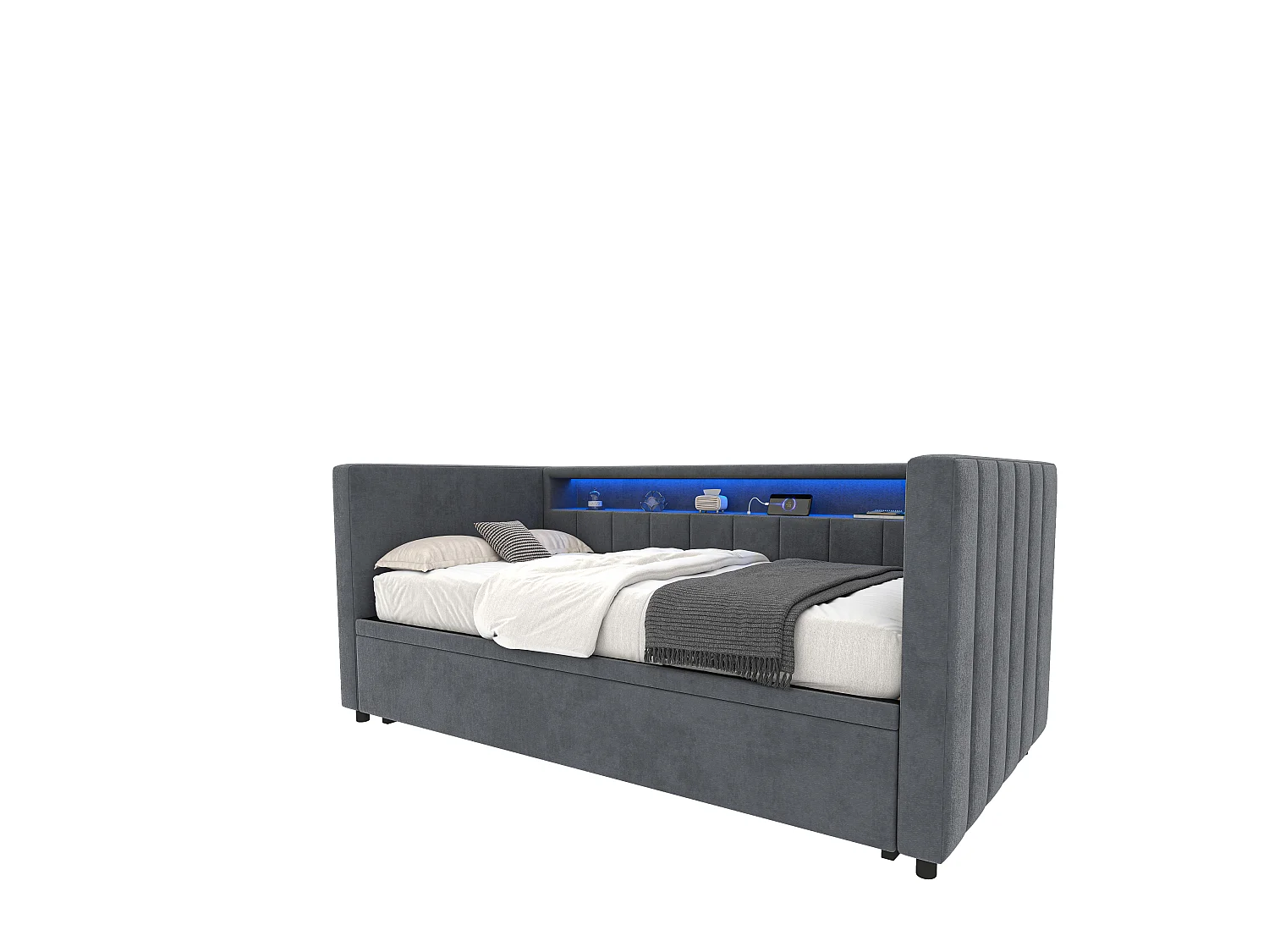 Lit banquette 90x190cm convertible en lit double 180x190cm - LED et USB - Velours gris foncé