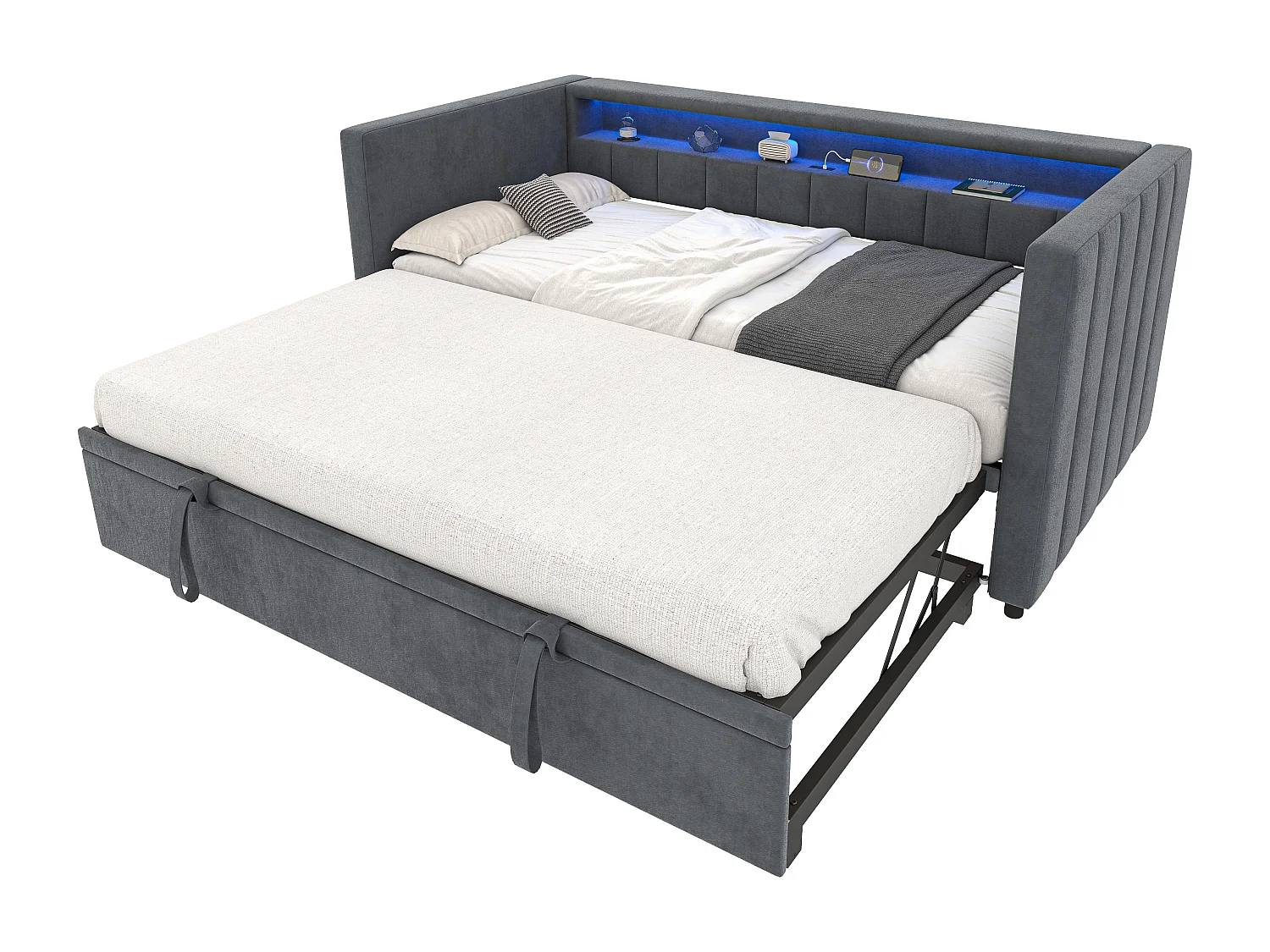 Lit banquette 90x190cm convertible en lit double 180x190cm - LED et USB - Velours gris foncé