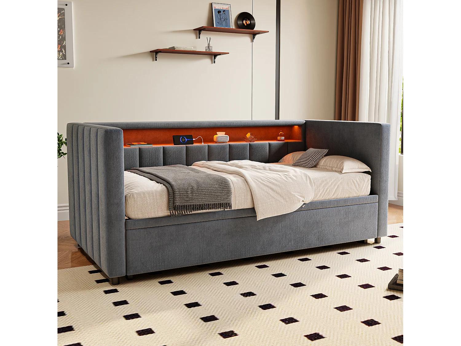 Sofá cama de 90x190 cm convertible en cama doble de 180x190 cm - LED y USB - Terciopelo gris oscuro