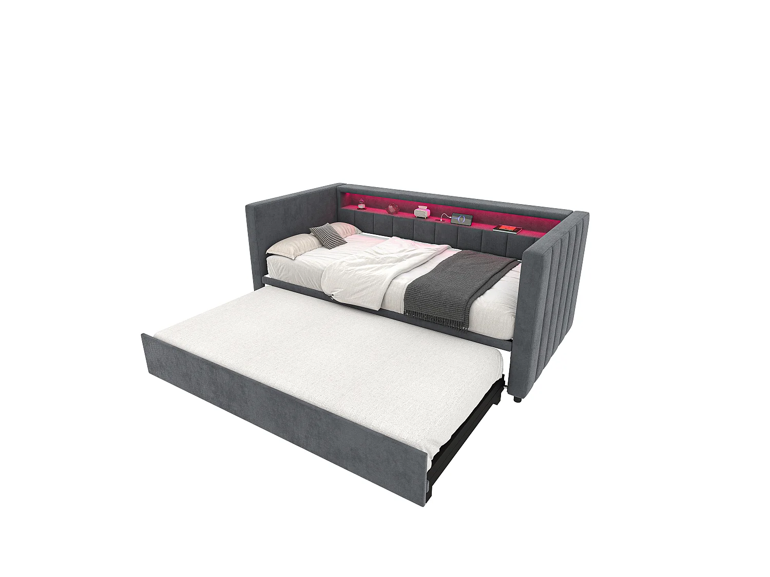 Sofá cama de 90x190 cm convertible en cama doble de 180x190 cm - LED y USB - Terciopelo gris oscuro