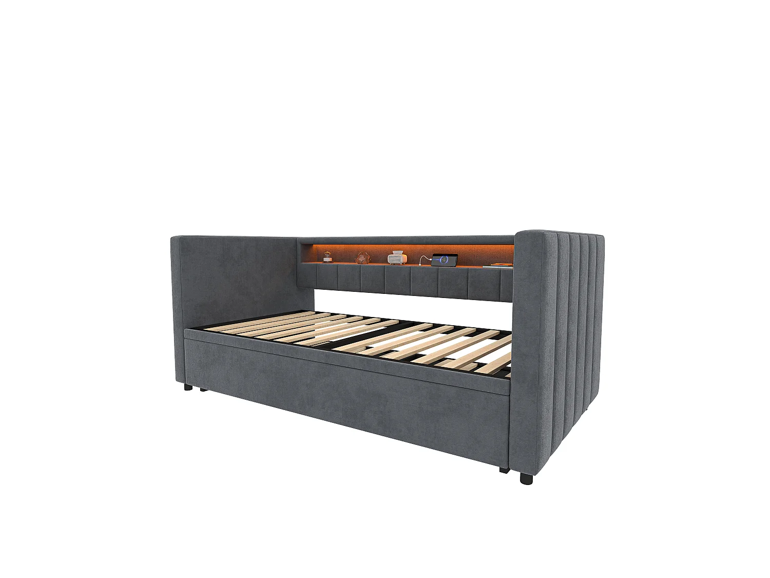 Sofá cama de 90x190 cm convertible en cama doble de 180x190 cm - LED y USB - Terciopelo gris oscuro