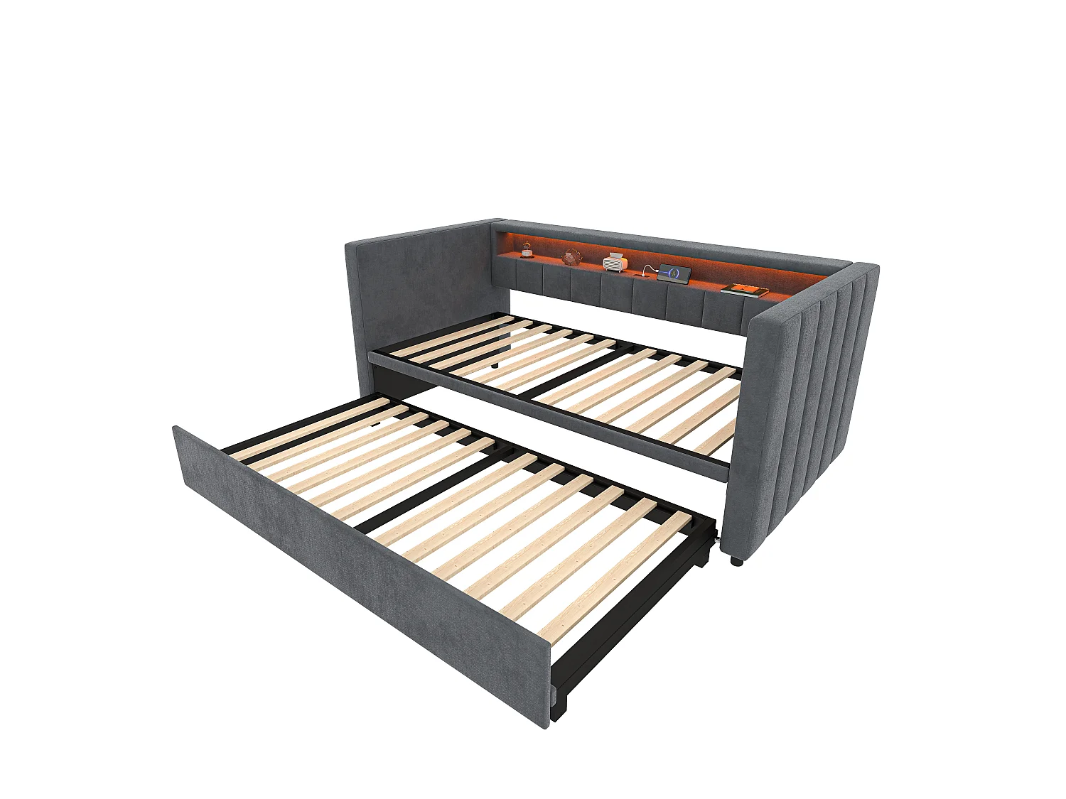 Sofá cama de 90x190 cm convertible en cama doble de 180x190 cm - LED y USB - Terciopelo gris oscuro