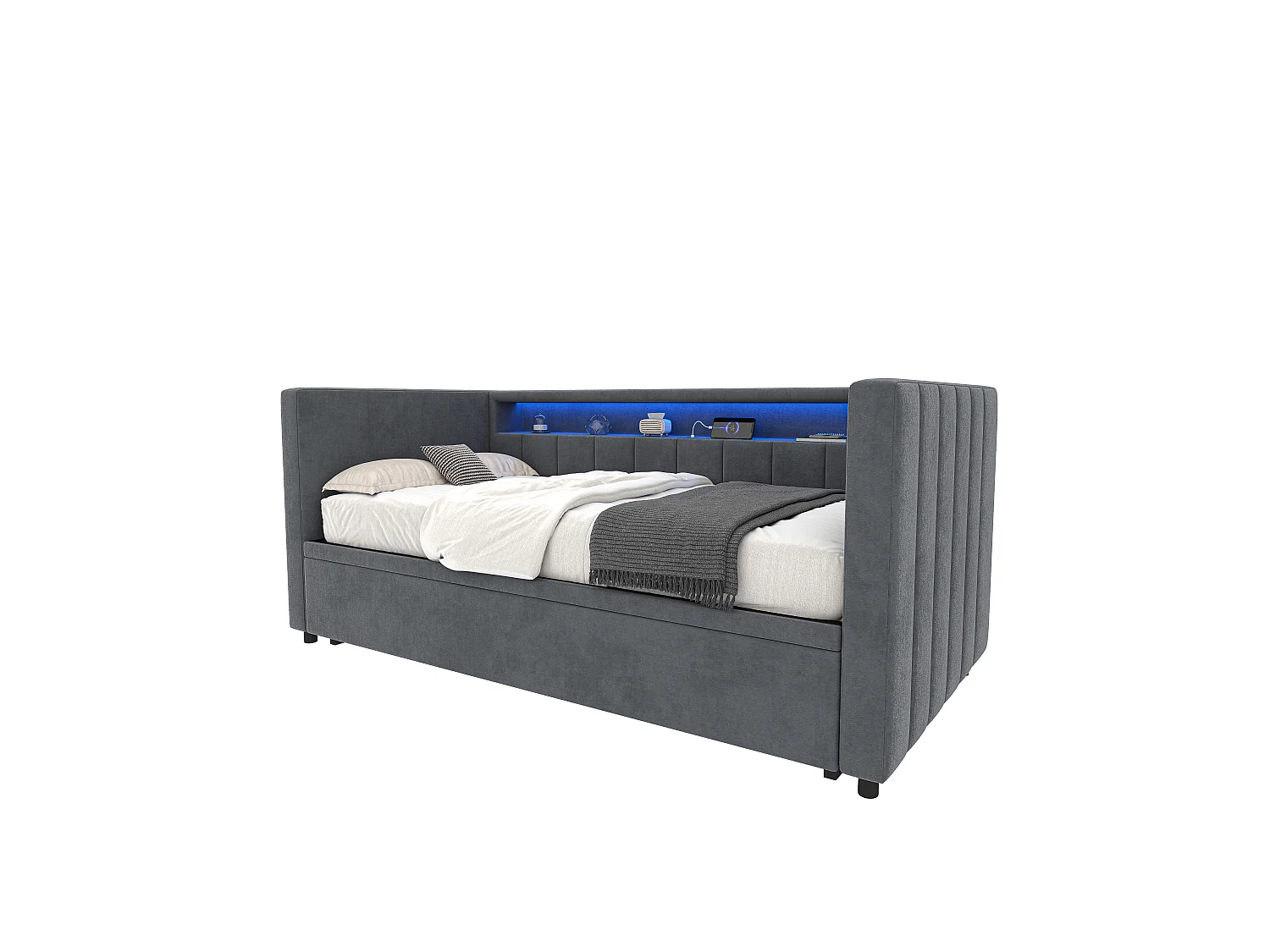 Sofá cama de 90x190 cm convertible en cama doble de 180x190 cm - LED y USB - Terciopelo gris oscuro