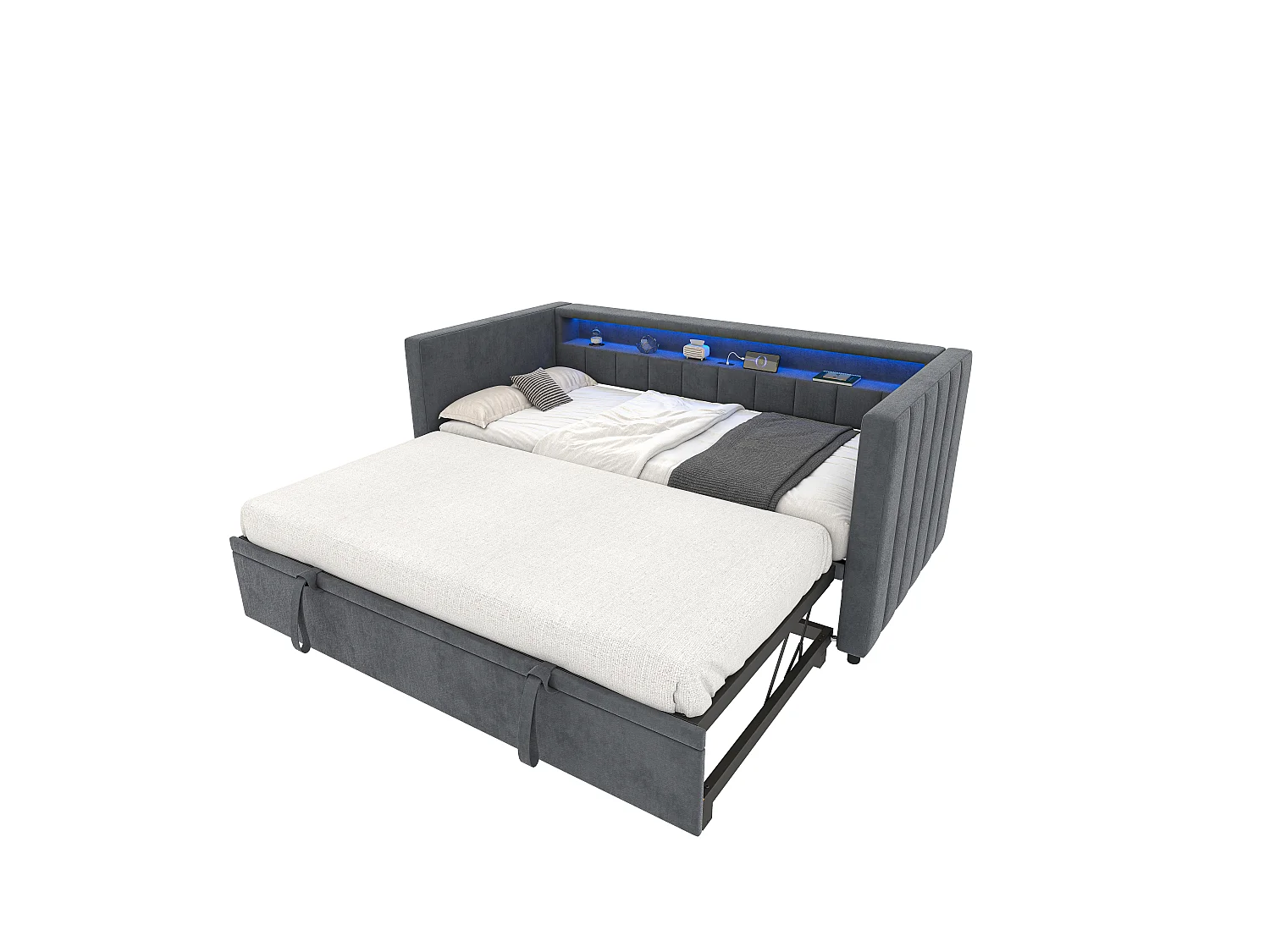 Sofá cama de 90x190 cm convertible en cama doble de 180x190 cm - LED y USB - Terciopelo gris oscuro