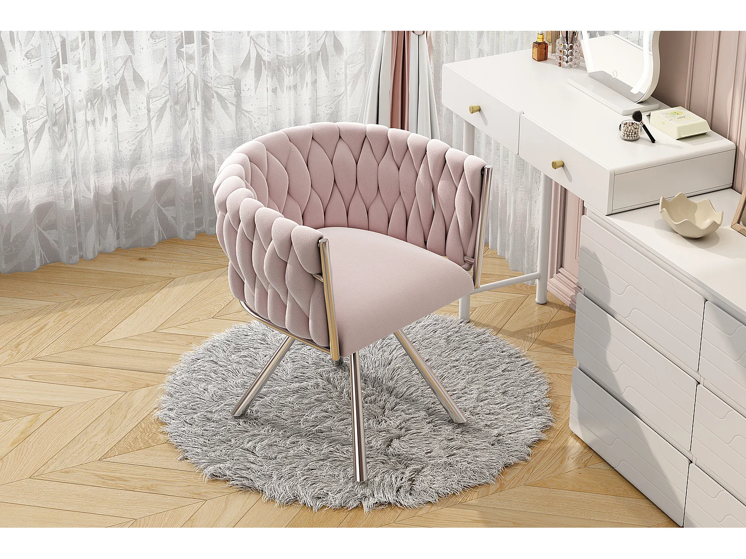 Sedia girevole con braccioli, gambe in metallo argentato - velluto rosa