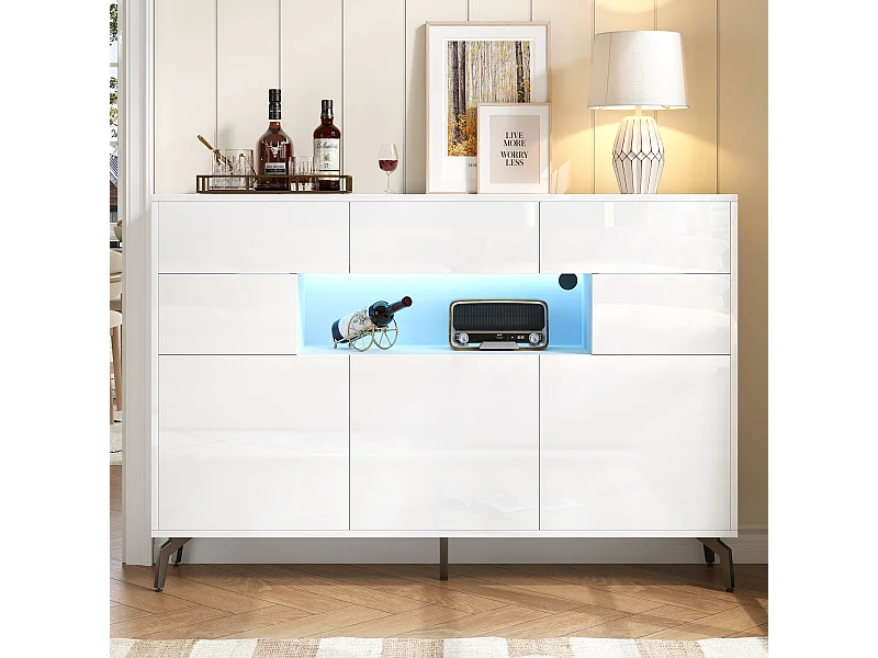 Buffet avec 5 portes, 3 tiroirs et éclairage LED, pieds en métal , finition brillante, blanc
