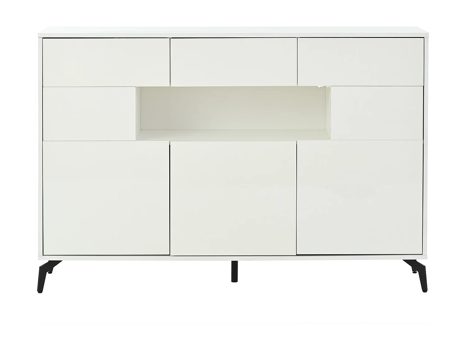 Buffet avec 5 portes, 3 tiroirs et éclairage LED, pieds en métal , finition brillante, blanc