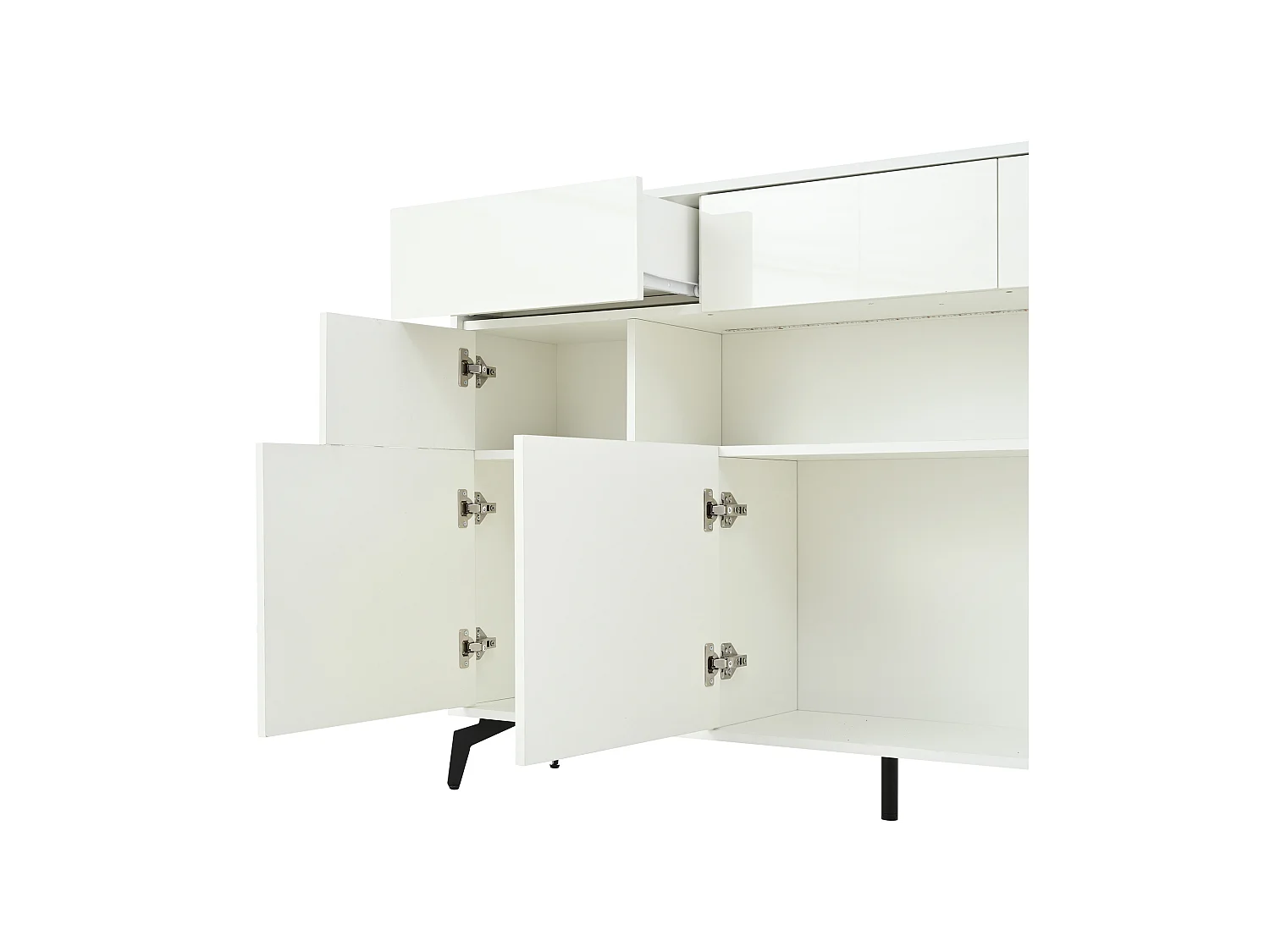 Buffet avec 5 portes, 3 tiroirs et éclairage LED, pieds en métal , finition brillante, blanc