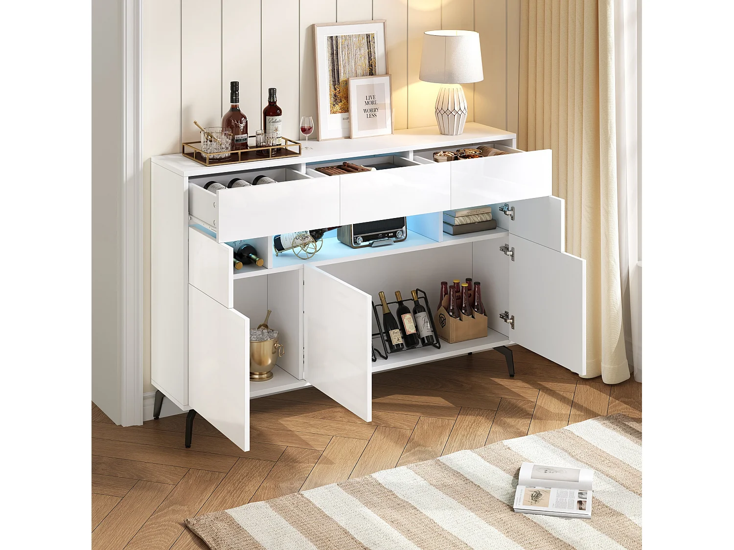 Buffet avec 5 portes, 3 tiroirs et éclairage LED, pieds en métal , finition brillante, blanc