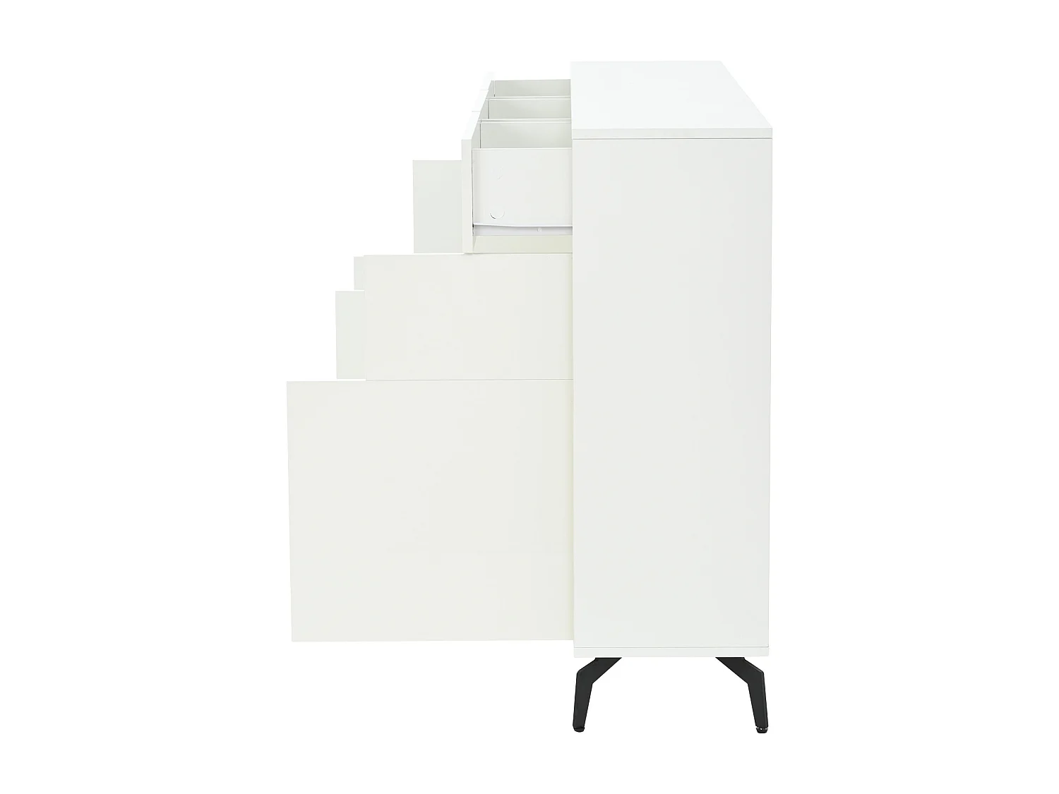 Buffet avec 5 portes, 3 tiroirs et éclairage LED, pieds en métal , finition brillante, blanc