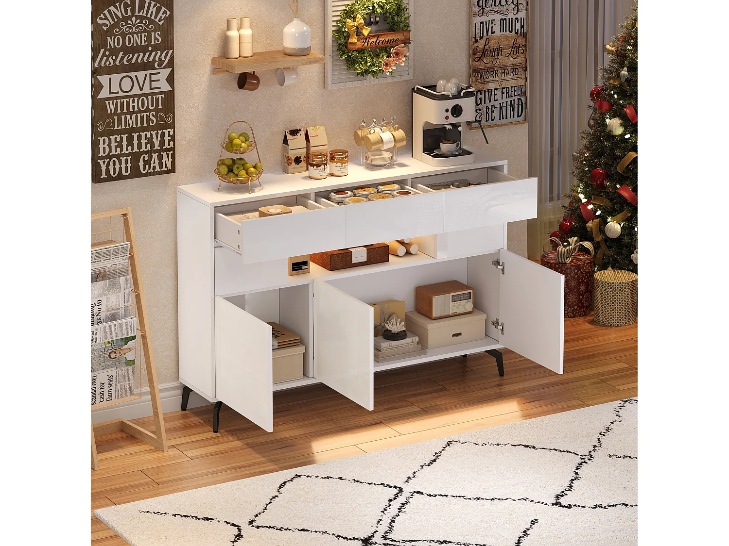Buffet avec 5 portes, 3 tiroirs et éclairage LED, pieds en métal , finition brillante, blanc