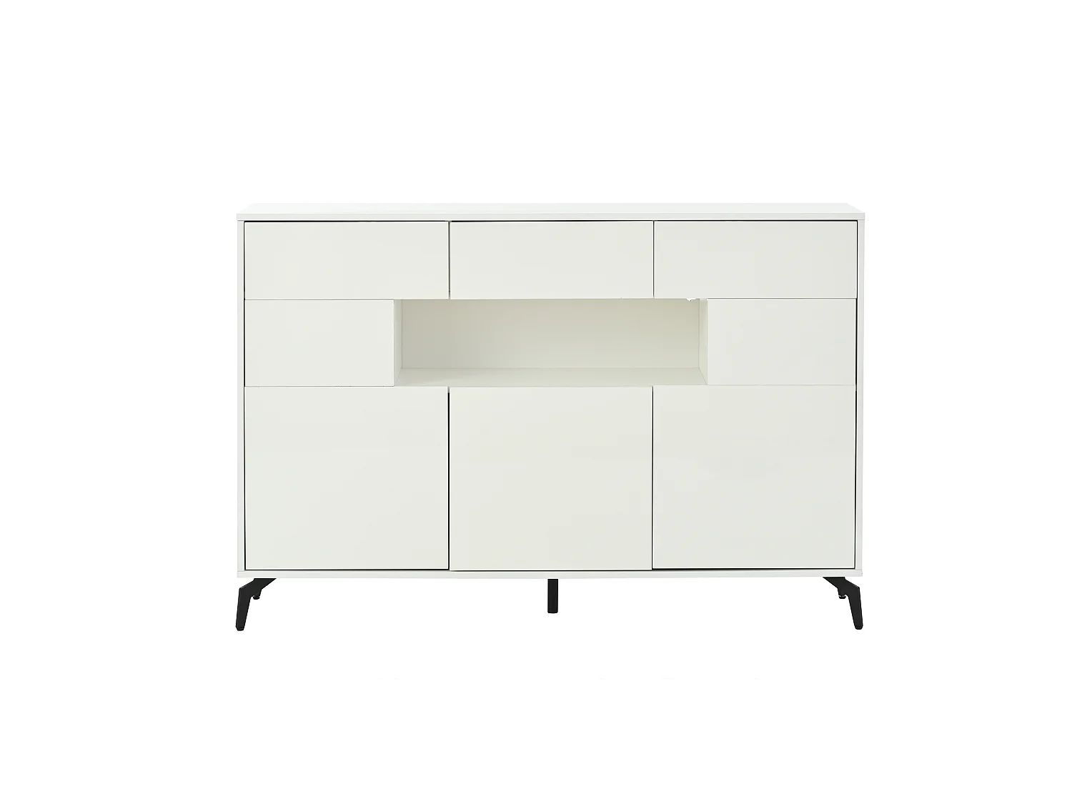 Buffet avec 5 portes, 3 tiroirs et éclairage LED, pieds en métal , finition brillante, blanc