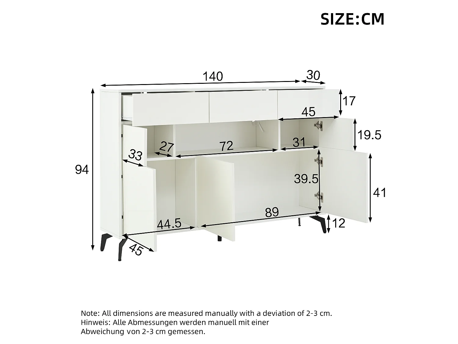 Buffet avec 5 portes, 3 tiroirs et éclairage LED, pieds en métal , finition brillante, blanc