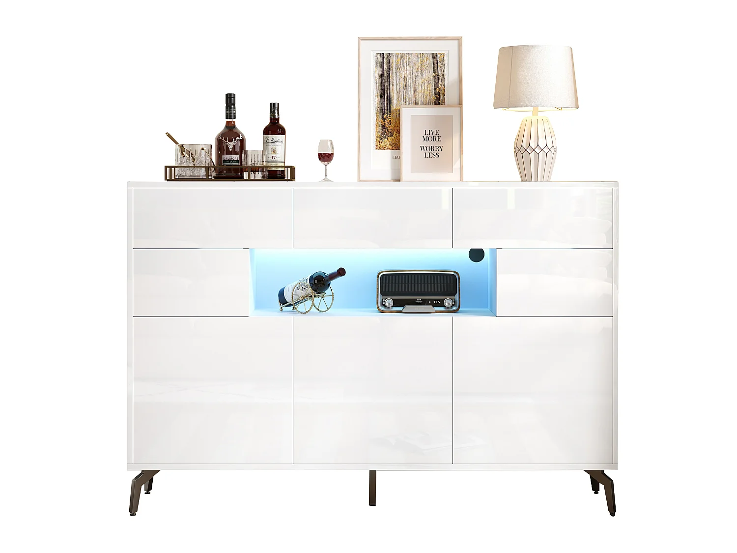 Buffet avec 5 portes, 3 tiroirs et éclairage LED, pieds en métal , finition brillante, blanc