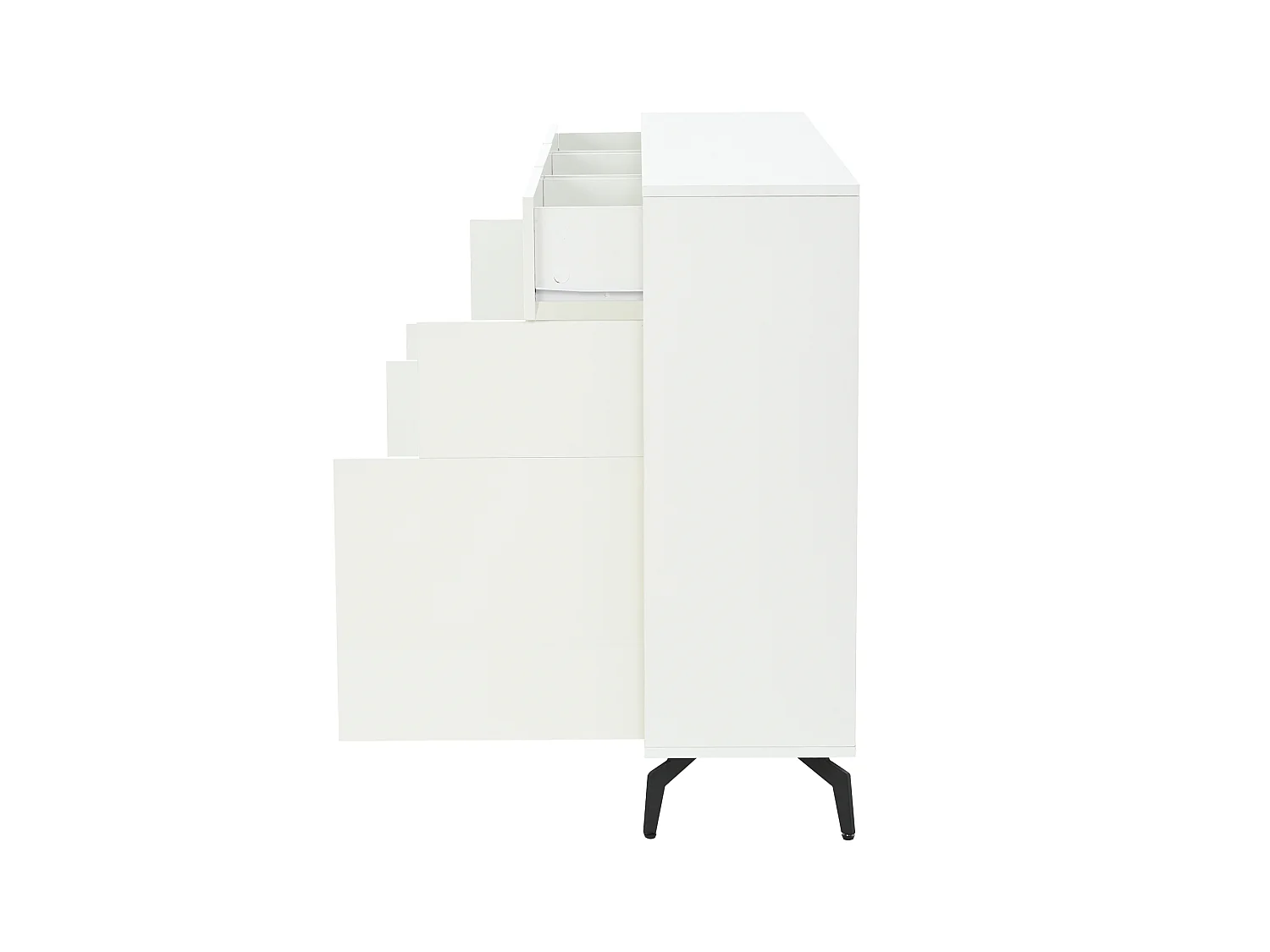 Buffet avec 5 portes, 3 tiroirs et éclairage LED, pieds en métal , finition brillante, blanc