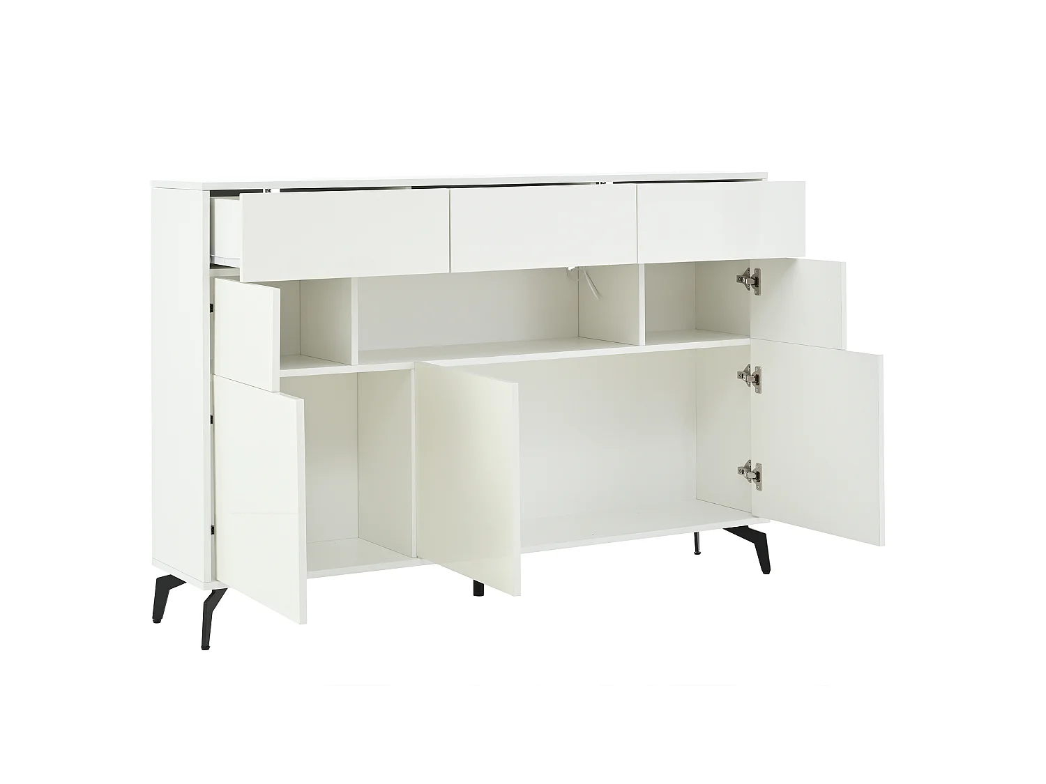 Buffet avec 5 portes, 3 tiroirs et éclairage LED, pieds en métal , finition brillante, blanc