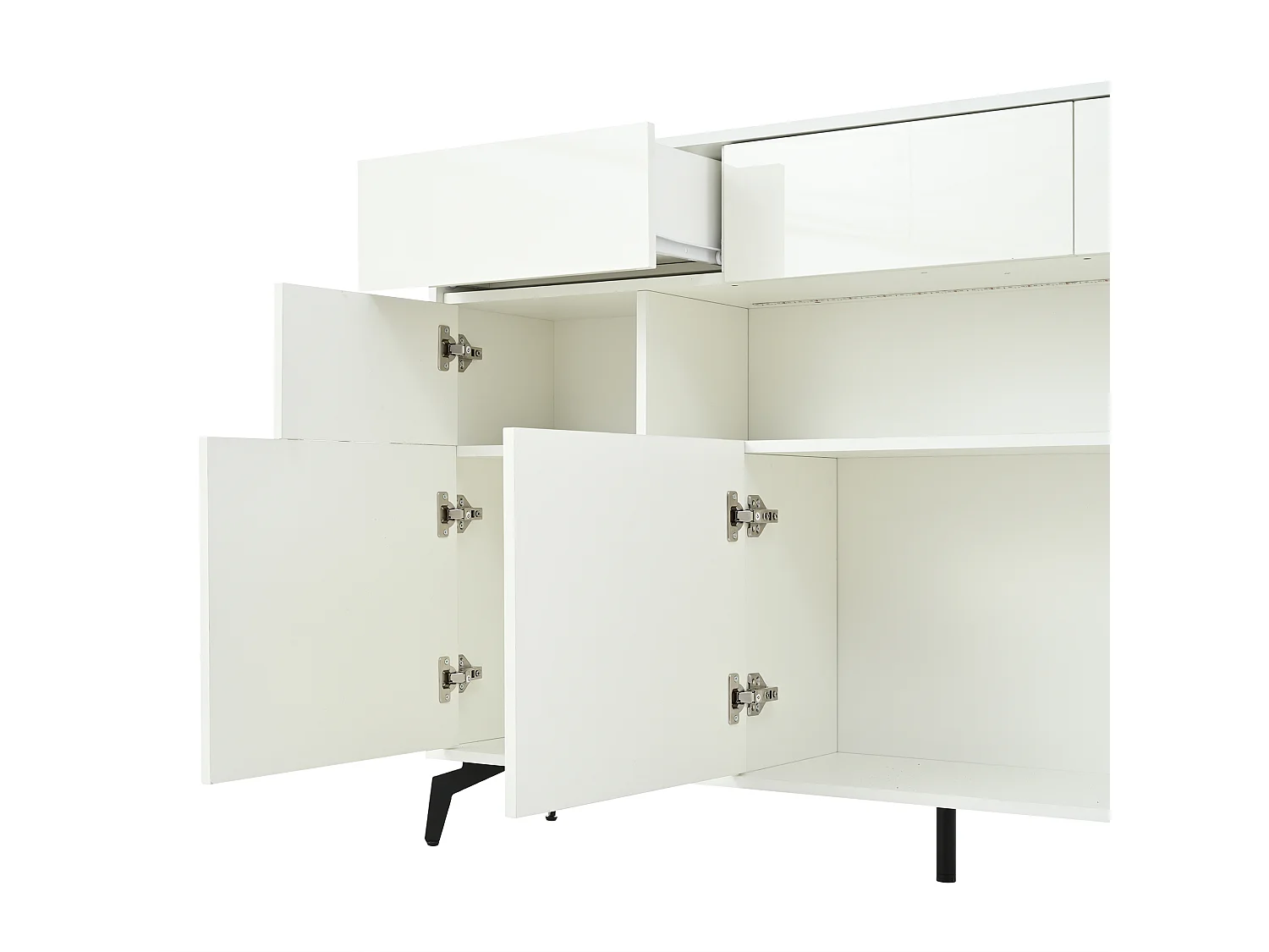 Buffet avec 5 portes, 3 tiroirs et éclairage LED, pieds en métal , finition brillante, blanc