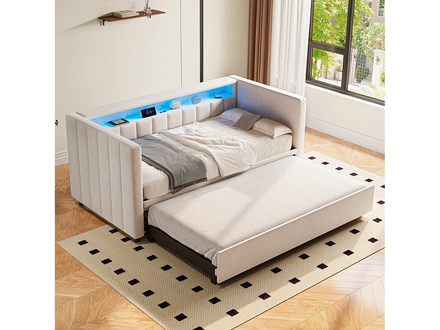 Lit banquette 90x190cm convertible en lit double 180x190cm - LED et USB - Velours beige