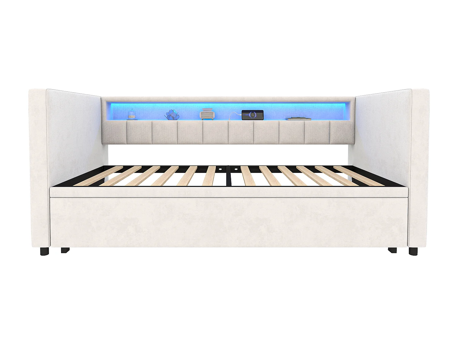 Lit banquette 90x190cm convertible en lit double 180x190cm - LED et USB - Velours beige