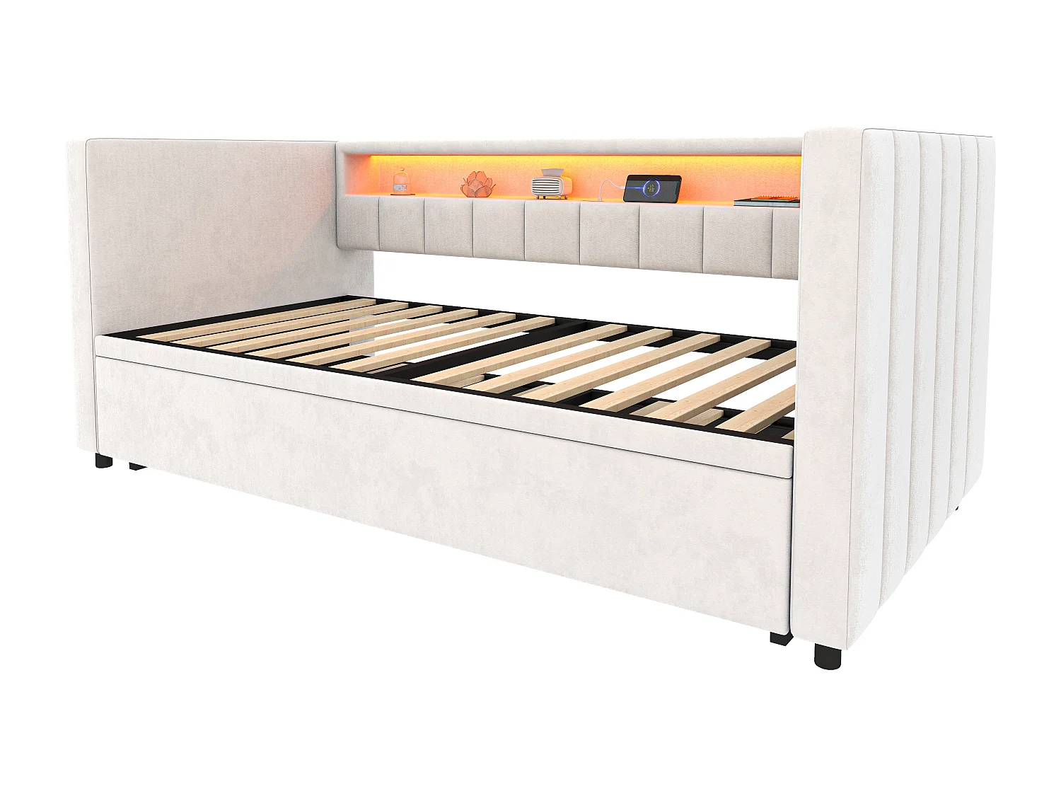 Lit banquette 90x190cm convertible en lit double 180x190cm - LED et USB - Velours beige