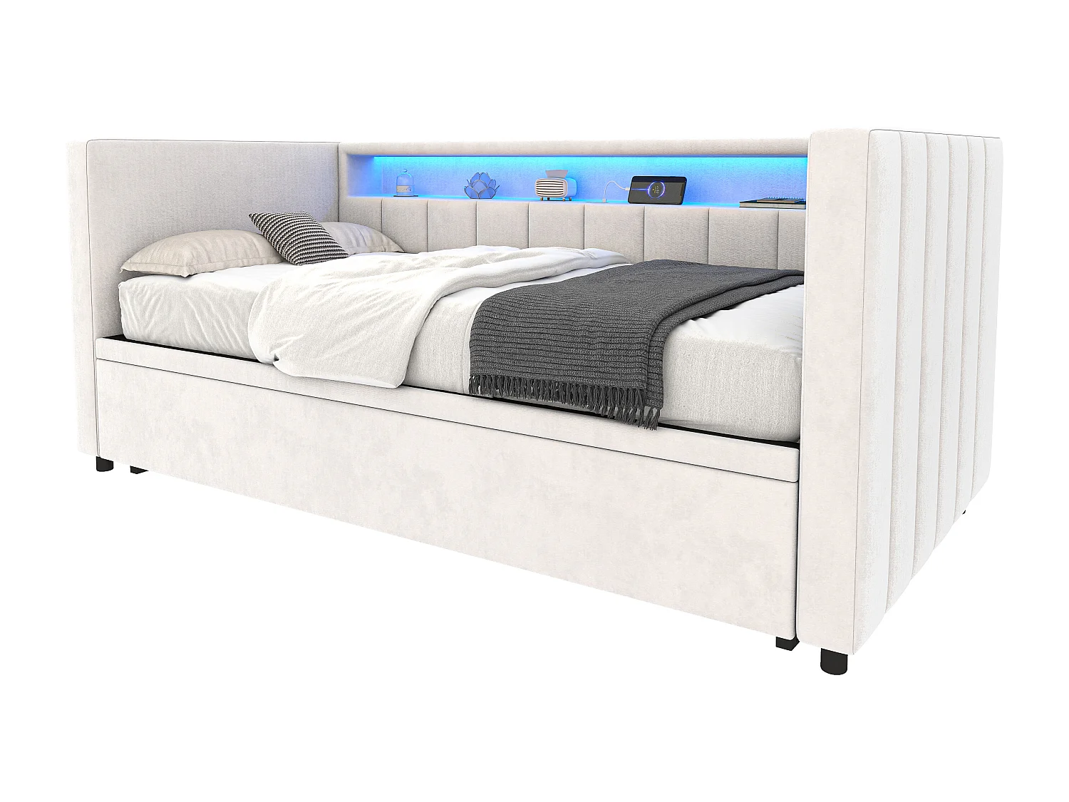 Lit banquette 90x190cm convertible en lit double 180x190cm - LED et USB - Velours beige